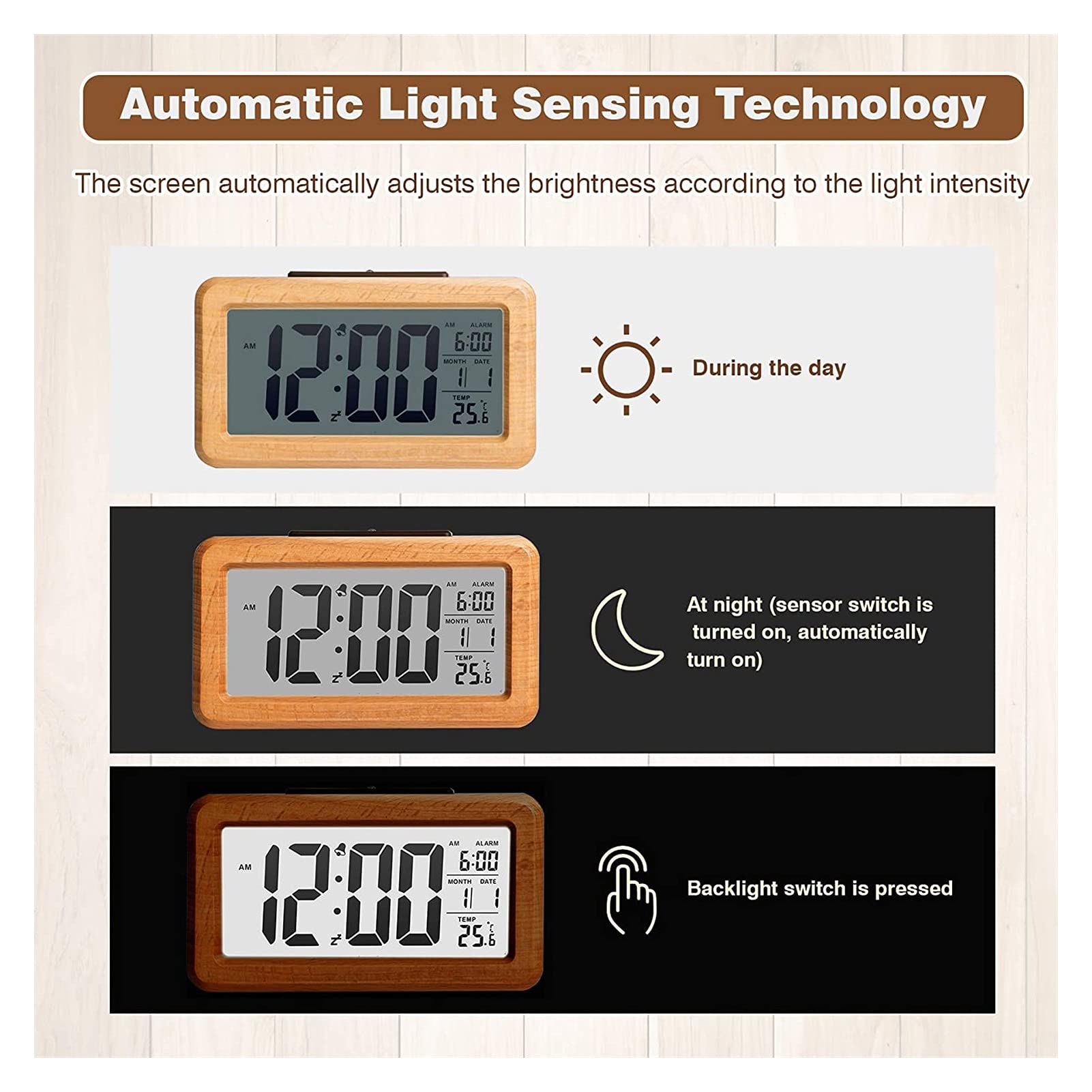 WTL Despertador Reloj de alarma digital Electrónica de madera Reloj de alarma con luz de fondo transparente, Sensor inteligente Luz de noche con snooze, fecha, temperatura, cubierta de roble macizo, o