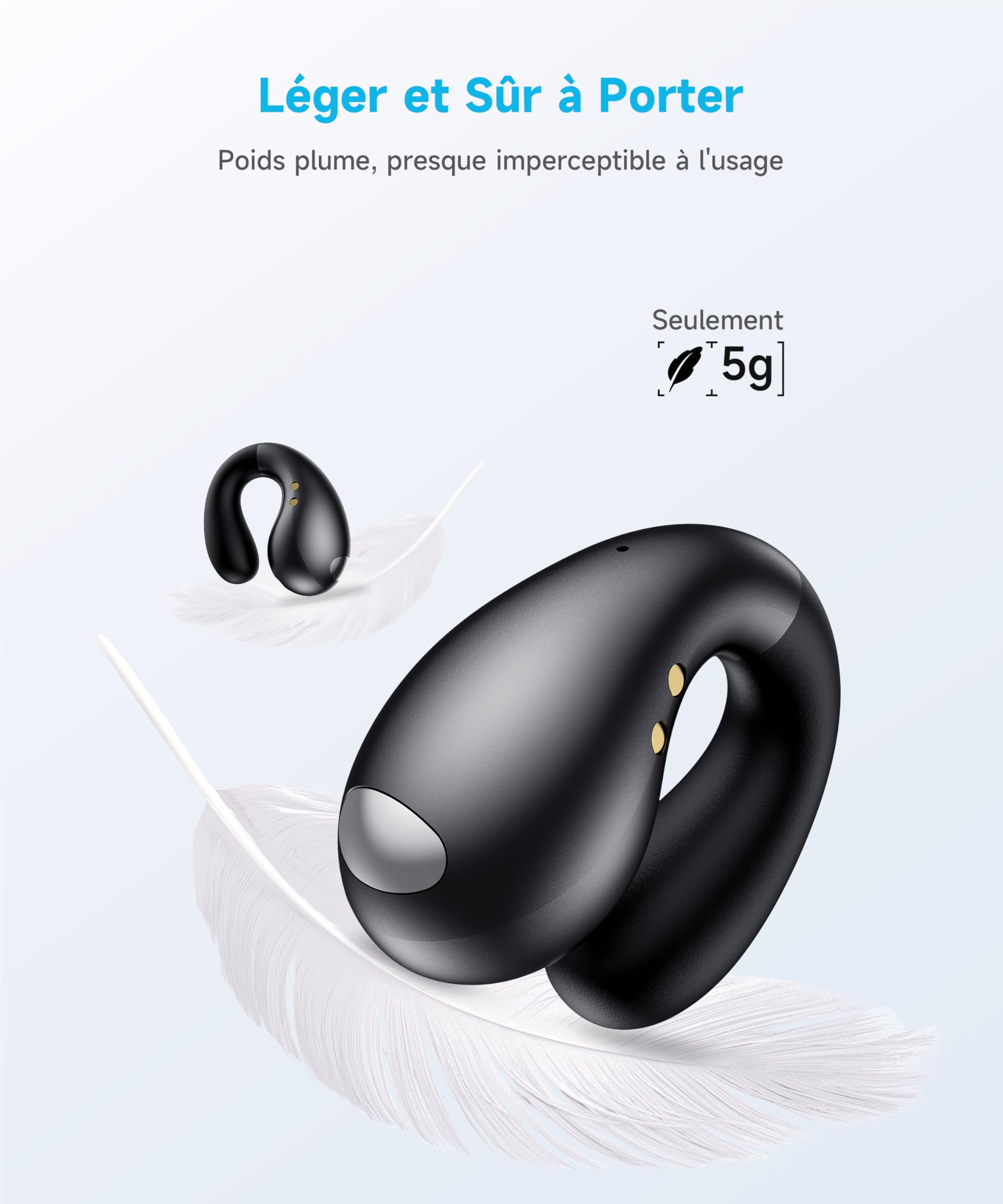 Écouteurs Bluetooth Sans Fil, Écouteurs Bluetooth 5.3 Ouverts, Casque Stéréo Sans Fil Avec Autonomie 50 Heures, Ecouteurs Ergonomiques à Clip Pour Le Sport, Étanchéité IPX7 Adaptée au Sport/Fitness