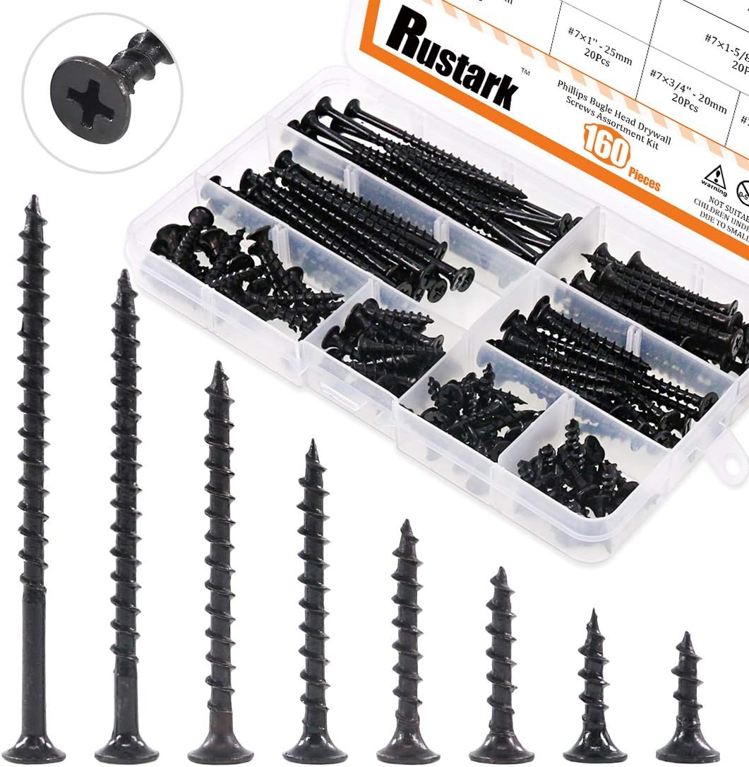 160-Pcs #7 Coarse Thread Drywall Screw with Phillips Drive Black Oxide Finsh Bugle Head Wood Screws Assortment Kit Ideal for Drywall Sheetrock