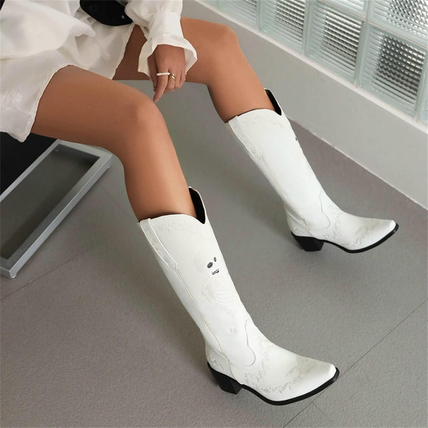 Women's Mid Calf Boots Casual Slouchy Round Toe Booties Fashion Buckle Dressy Low Heeled Riding Boots