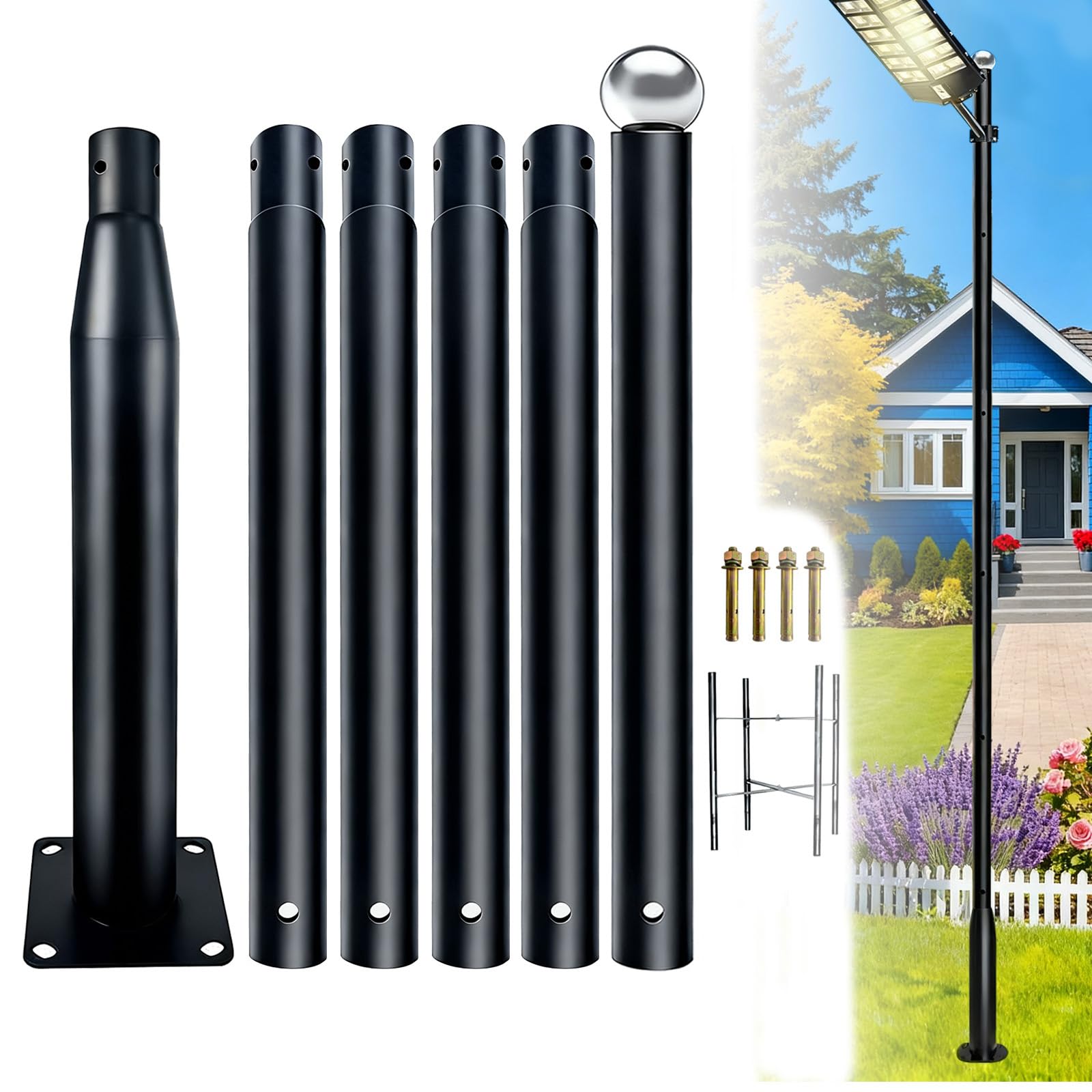 Vishensi 20ft Streetlight Pole, Black Galvanized Steel Outdoor Adjustable Light Column, Equipped with a rebar cage Base, Suitable for Yards, Gardens, driveways, and Parking Lots.
