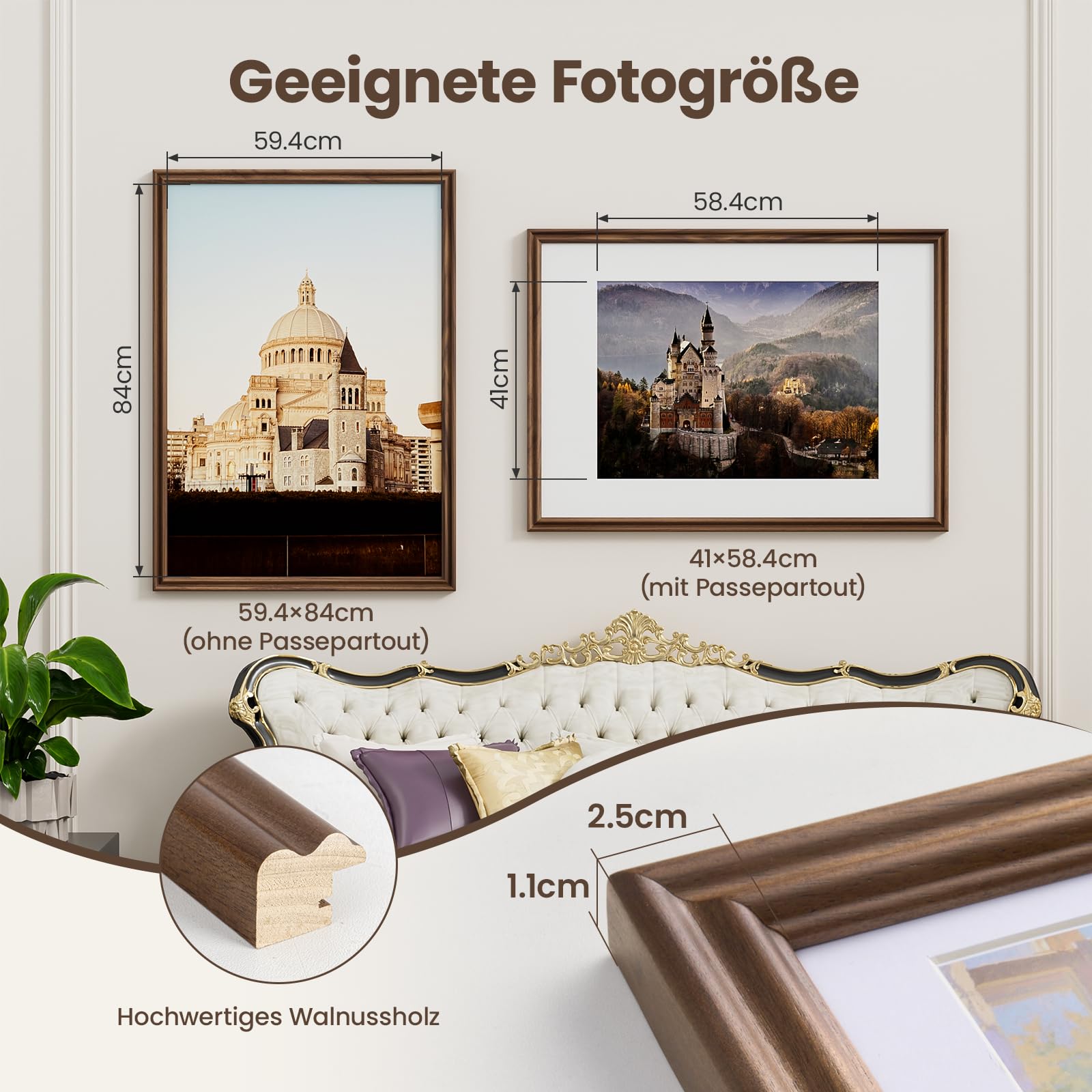 Feihorrm Vintage Bilderrahmen, A1 Walnuss Massivholz Fotorahmen, Mit gehärtetem Glas, Für 59,4x84 cm-Fotos ohne Passepartout oder 41x58,4 cm-Fotos mit Passepartout (Dunkel Braun, A1 (59,4x84 cm))
