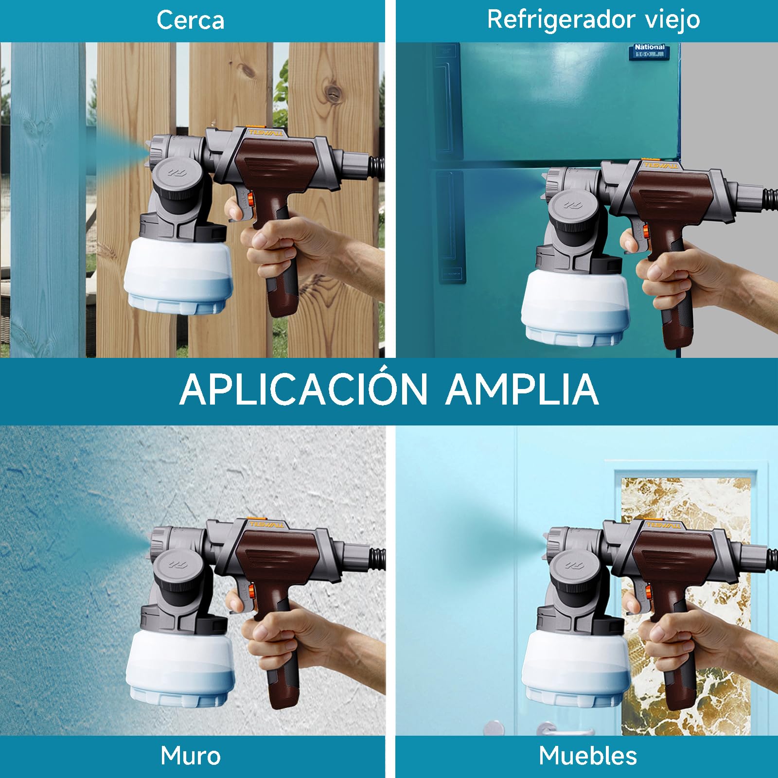 Tilswall Pistola Pintura, Pulverizador de Pintura HVLP 800W, 4 Boquillas y 3 Patrones, Contenedor de Pintura con Recarga Lateral, 120 DIN-s Pistola de Pintura, para Vallas, Jardín y Muebles