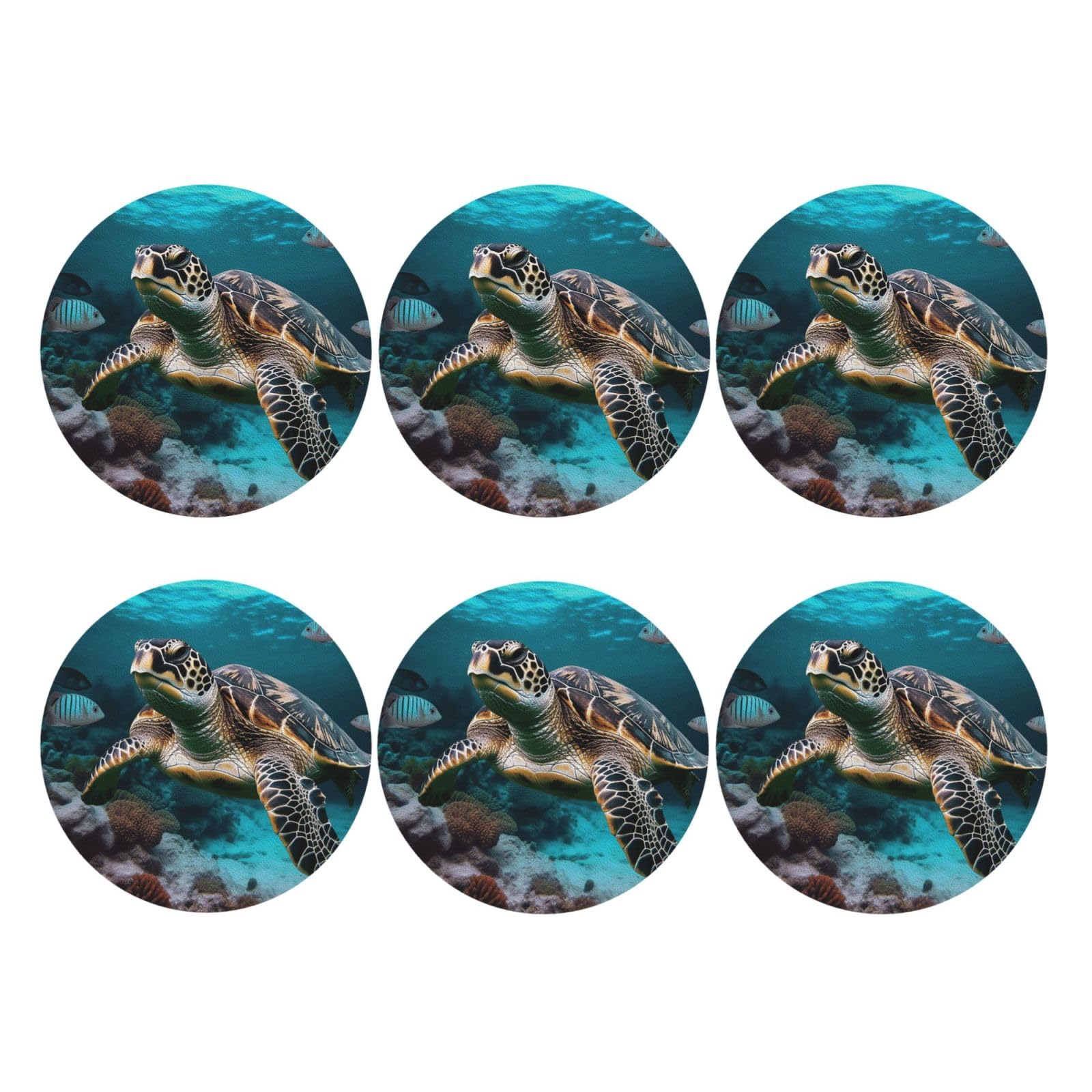 6pcs Leather Coasters for Drinks, Ocean Animal Turtle Drink Coasters for Tabletop Protection, 4" Cup Coasters for Coffee Table Decor, Non-Slip Drinking Cup Mat for Hot Or Cold Drink