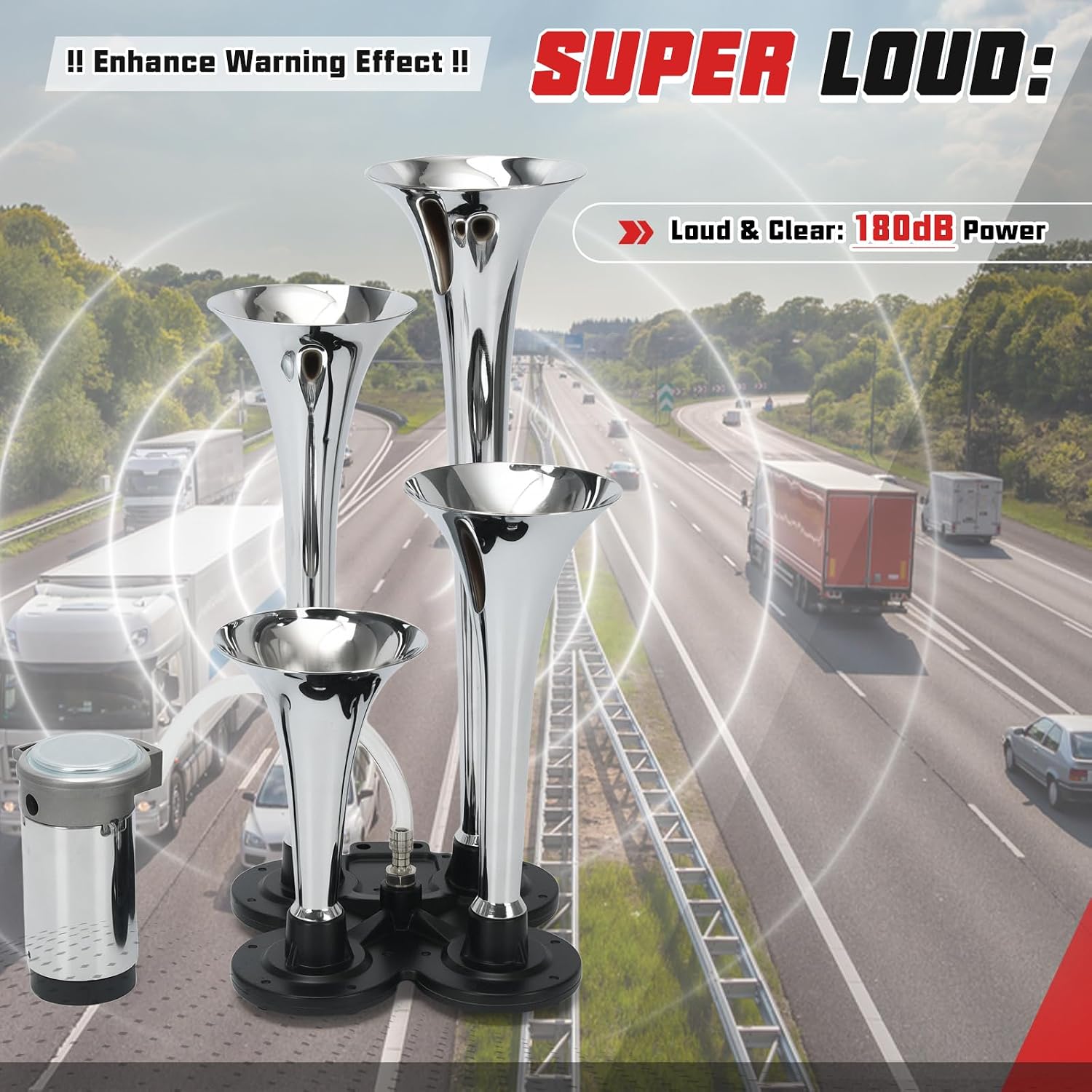 PTNHZ Double Row 4 Trumpet Air Horns Kit w/Air Compressor (No Wiring Harness & Button Switch) 12/24V Super Loud 178dB Universal for Pickup Car Jeep SUV Train Boat(Silver)