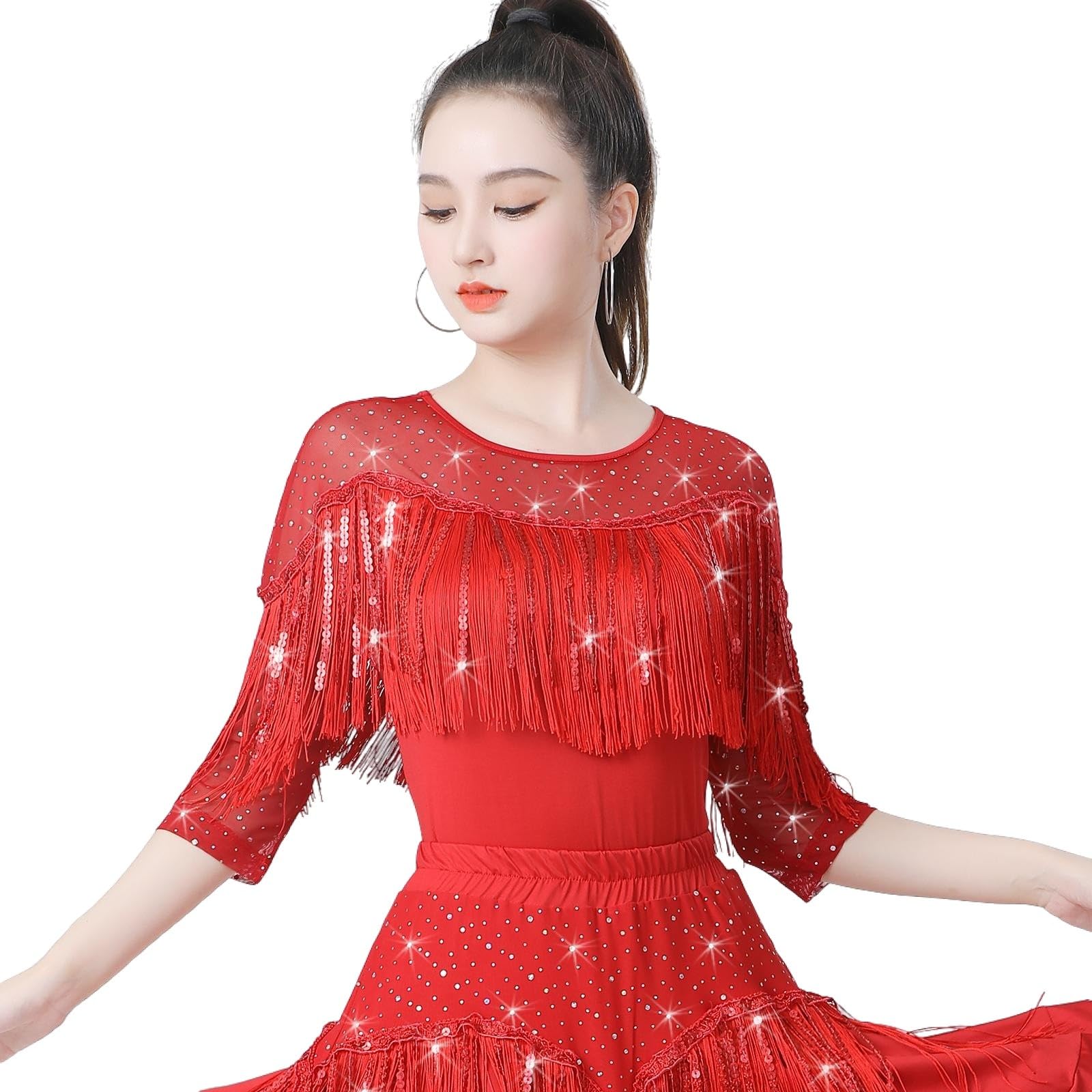 Top da donna per danza latina, danza da sala, abbigliamento da ballo moderno, Jitterbug con paillettes