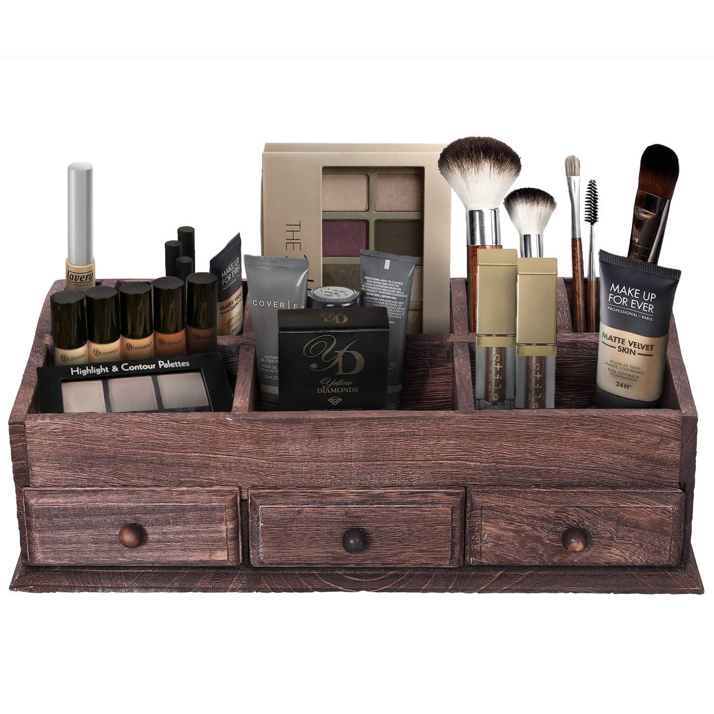 Rustic Wooden Desk or Makeup Organizer for Home - Mail Rack for Desktop, Tabletop, or Counter – Desk Supplies Organizer with 3 Drawers and 6 Compartments – Torched Brown Vanity Organizer (Renewed)