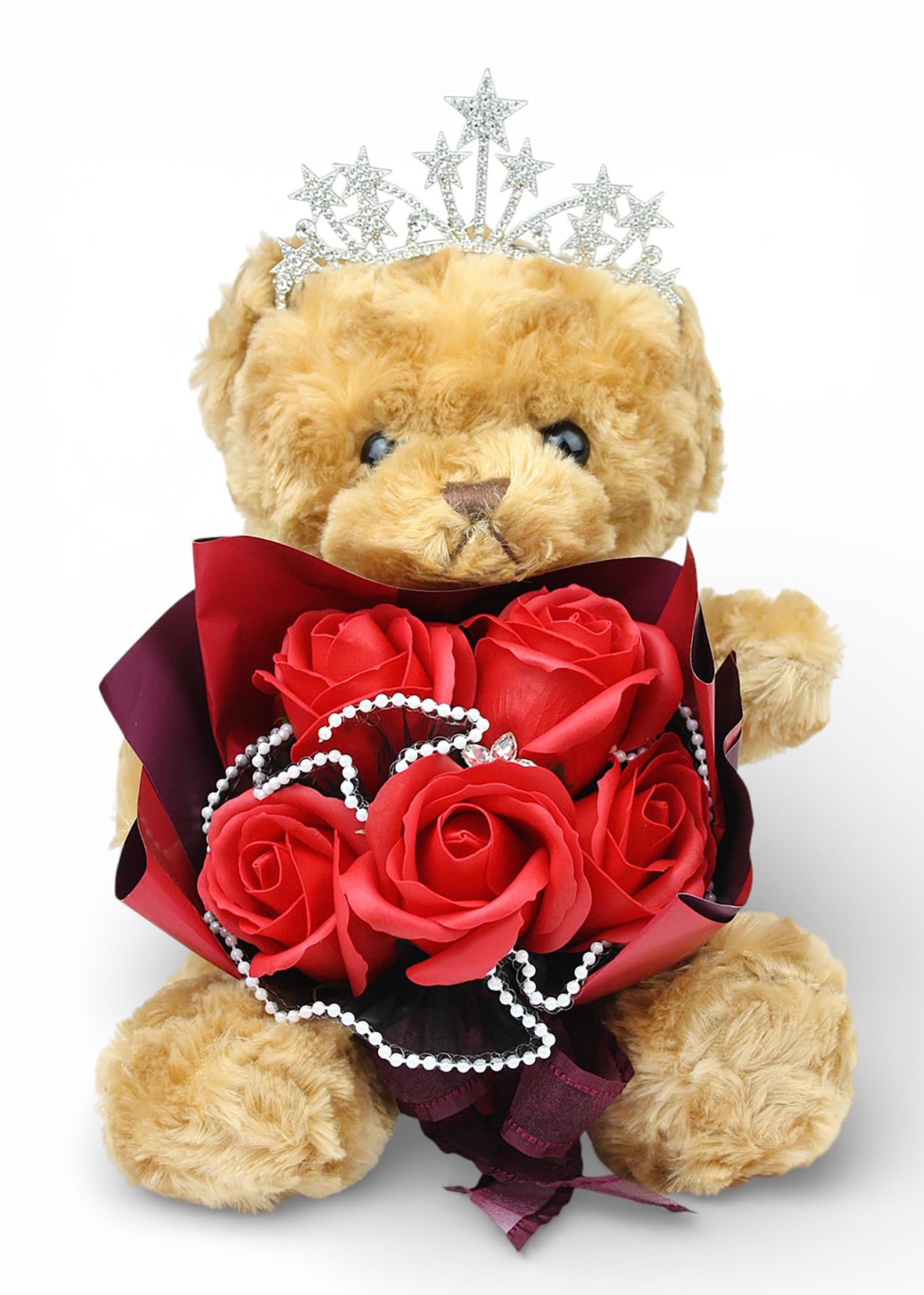 Emartbuy Valentine’s Teddy Bear with Red Rose Bouquet in Clear Gift Box - Romantic Luxury Bear Gift with Crown
