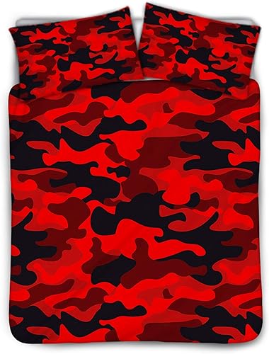 FUSURIRE Juego de funda de edredón suave de camuflaje rojo con 2 fundas de almohada, edredón alternativo de plumón lavado con agua (individual,