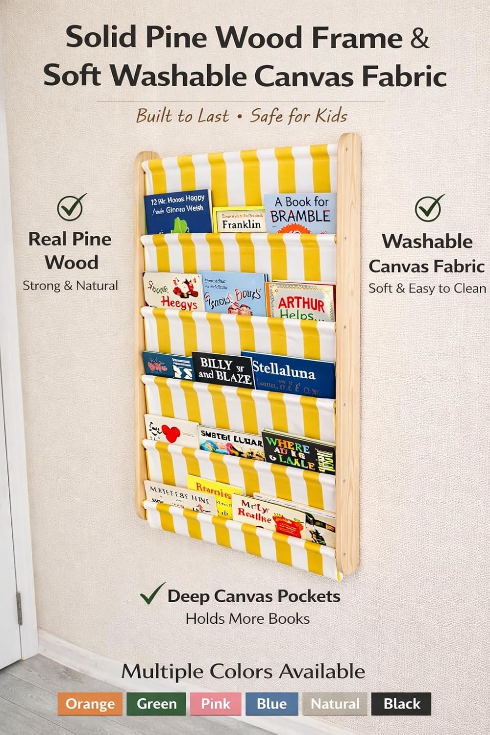 Montessori 5 Tier Canvas Pocket Wall Bookshelf, Re-Washable Soft Fabric Kids Book Rack, Space Saving Behind Door Shelf (Yellow)