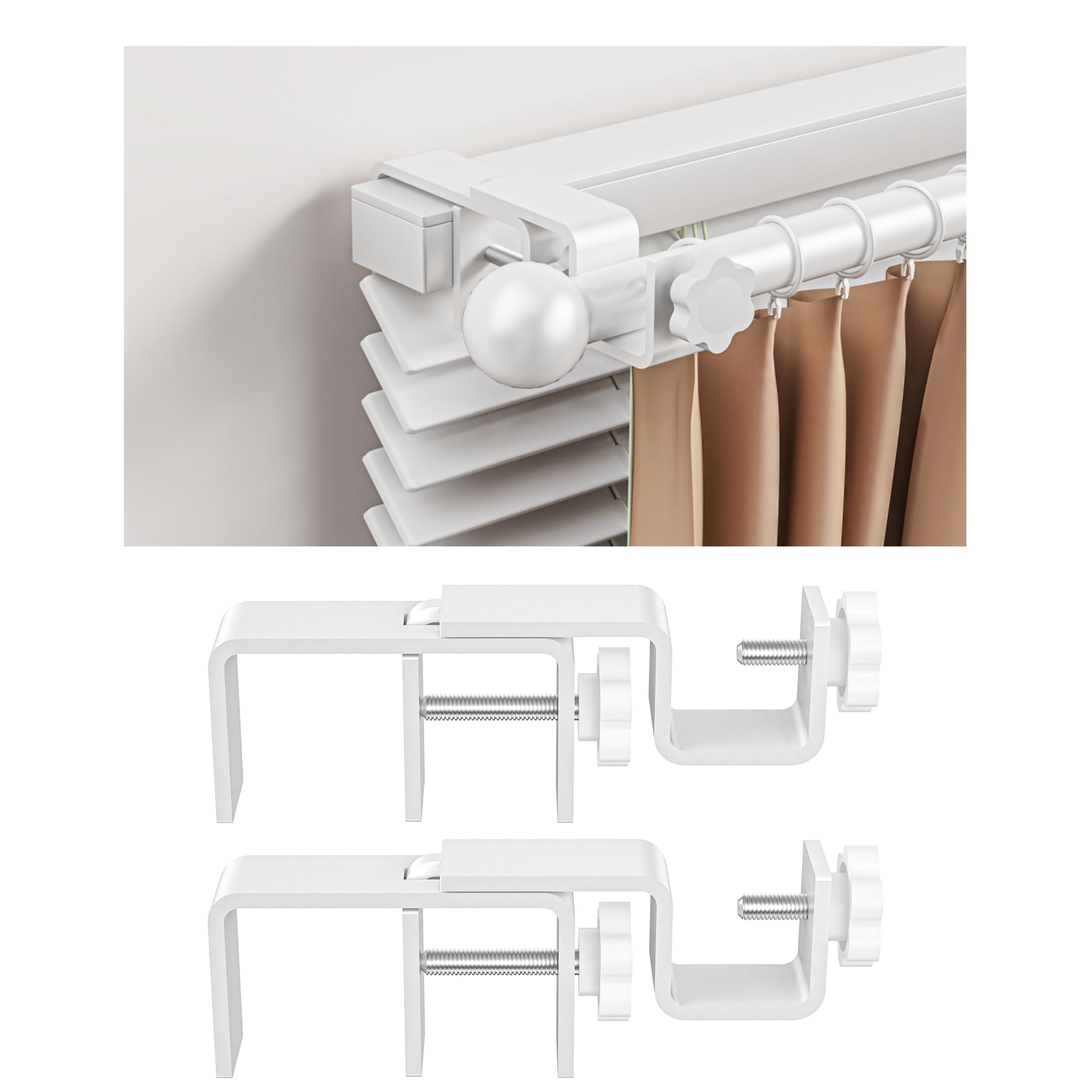 Outside Mounted Blinds Curtain Rod Bracket, Adjustable 1.3-2 Inch Width Track, Tool-Free and Drill-Free, Ideal for Living Rooms, Bedrooms, Apartments, and Offices Curtain Rod Brackets, 2Pcs-White