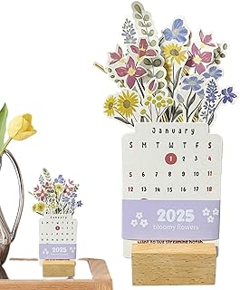 Bloomy Flowers デスクカレンダー、クリエイティブフラワーカレンダー 2025、木製ベースデスクトップマンスリープランナー、コンパクトで省スペースのデザイン、19.7x9.3x3cm 家族や友人へのギフトアイデア