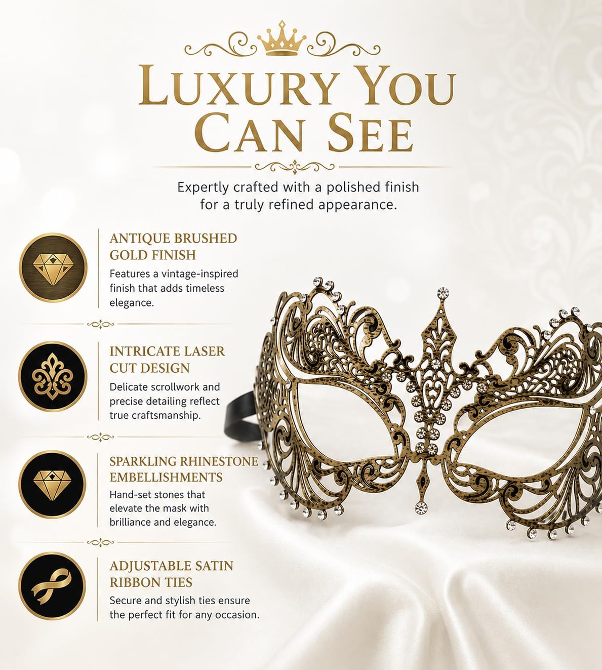 Masquerade Mask for Women with Rhinestones - Elegant Metal Half Face Mask for Masquerade Parties, Mardi Gras, & Themed Events