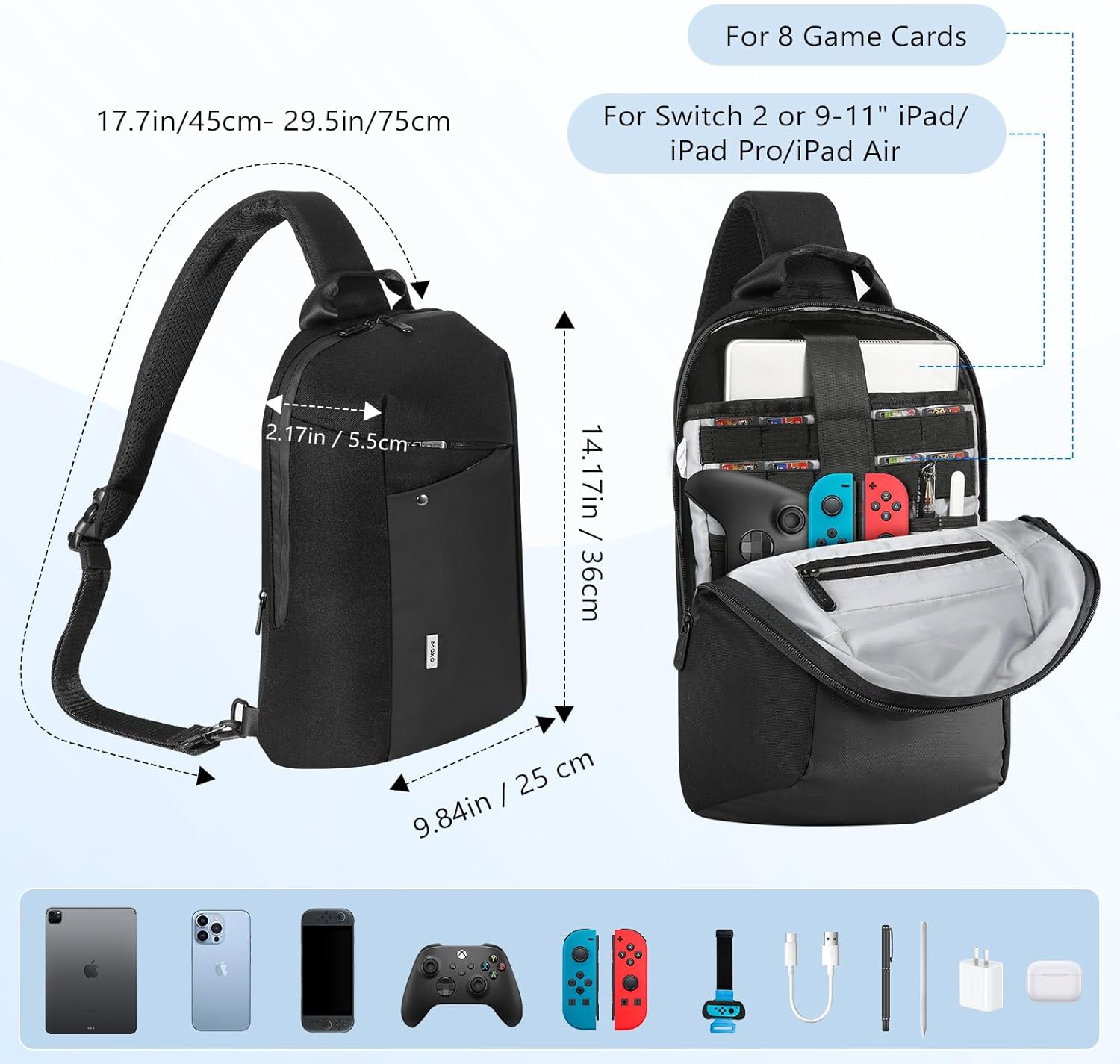 MoKo 9-11 inch Sling Bag Backpack for 11-inch iPad Pro M5/M4, iPadAir M3/M2, iPad A16, Compact EDC Daypack Crossbody Shoulder Bag Travel Carrying Case for Switch 2/OLED/Steam Deck/Rog Ally X, Black