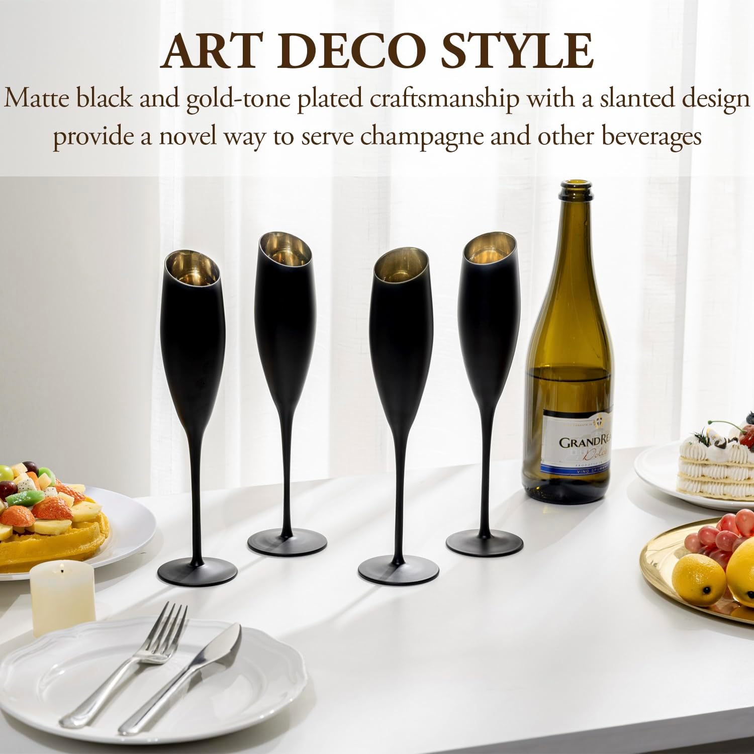 MyGift Matte Black and Gold Angled Rim Stemmed Glass Champagne Flutes, Sparkling Wine Toasting Glasses for Drinking Prosecco Cocktails Mimosa, Stemware Set of 4