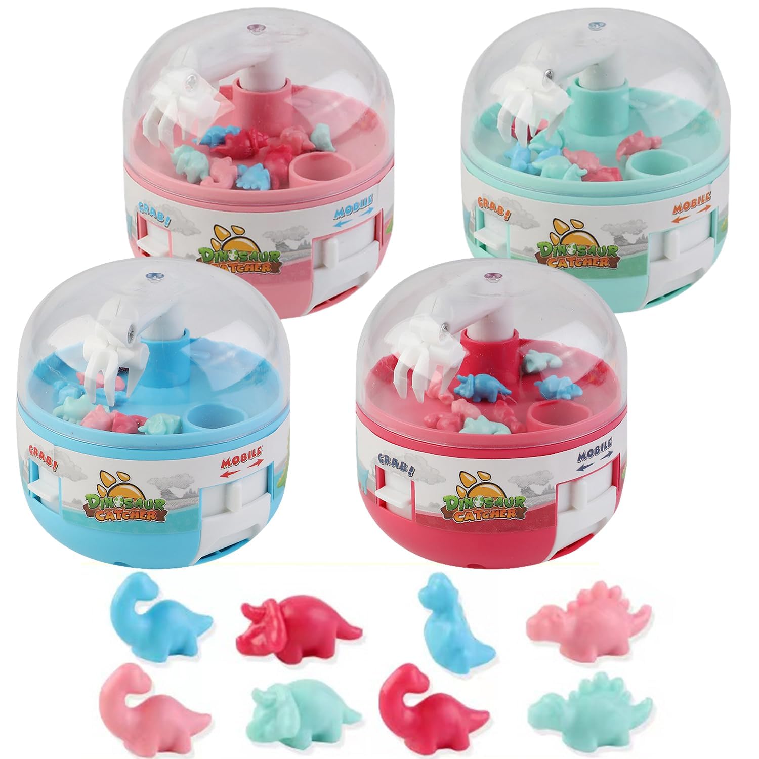 Mini Claw Machine with Dinosaur, Toy Grabber, Small Pill Claw Machine, Dinosaur Catcher Toy, Miniature Hand Claw Machine Set with 8pcs Mini Dinosaur (M-4pcs)