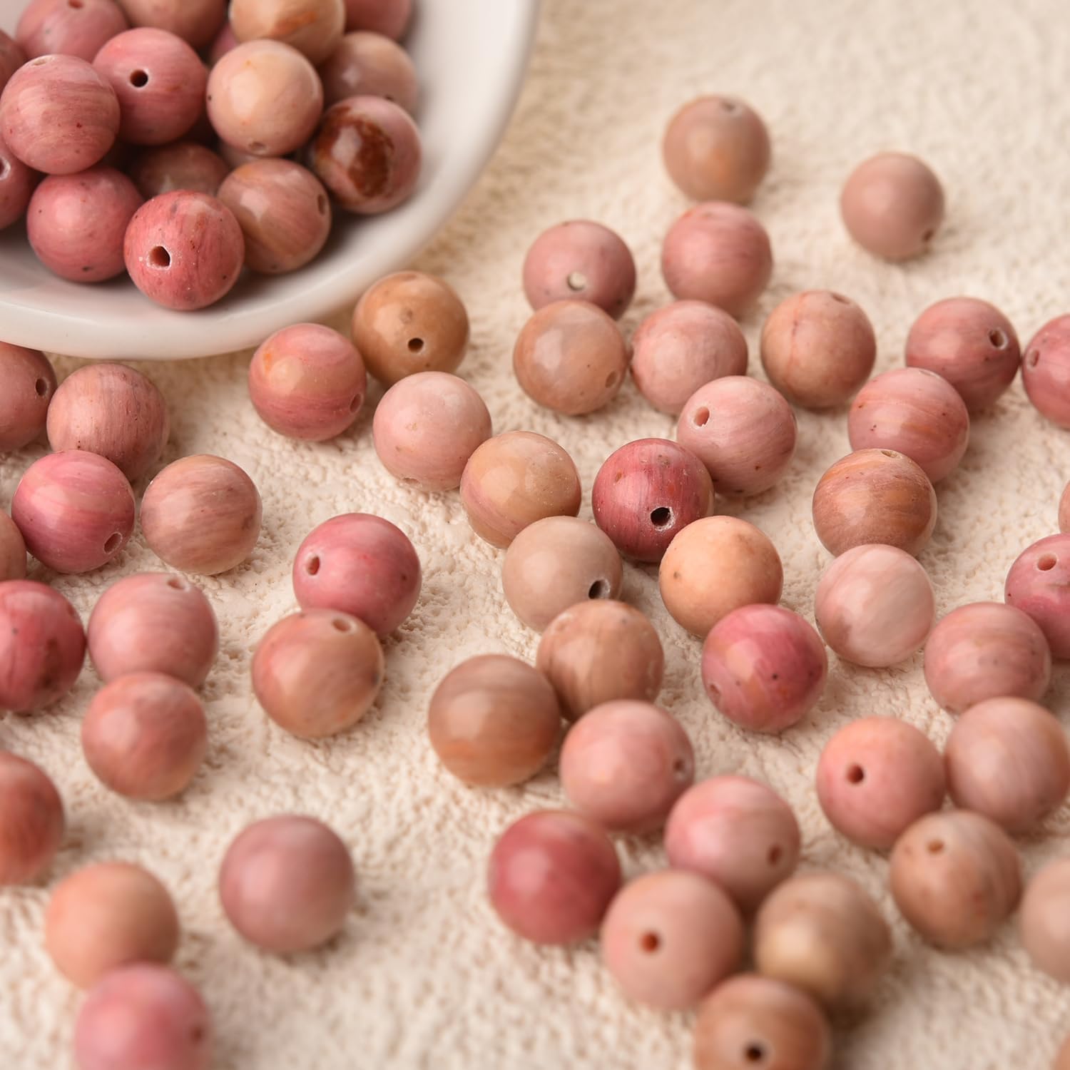 100PCS Natural Stone 10MM DIY Agate Round Loose Gemstone Smooth Beads With Hole for Necklace Bracelets Earring Making with Free Crystal Stretch Cord(Rhodochrosite)