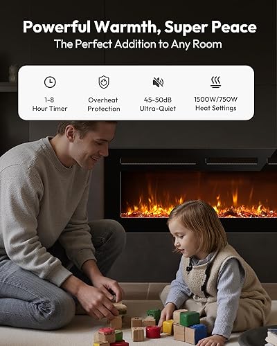 Miniatura 4 de EUHOMY - Chimenea eléctrica de 60 pulgadas empotrada en la pared con control remoto, calentador de chimenea con color de llama ajustable, chimenea