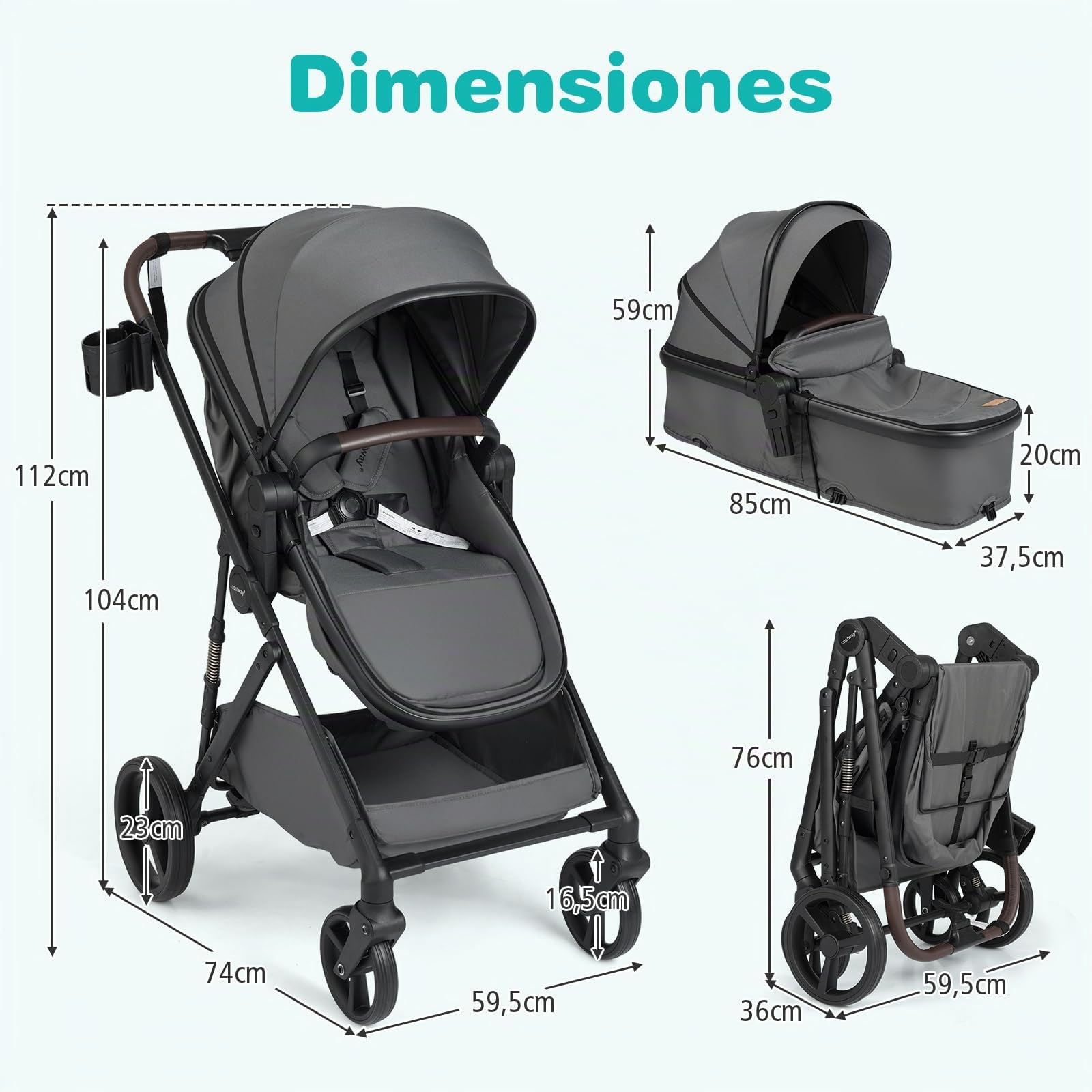 COSTWAY Silla de Paseo Bebe, 2 en 1 Cochecito de Bebe Plegable con Modo Capazo, Cochecito Convertible para Niños con Asiento Reversible, Capota y Respaldo Ajustables (Gris)