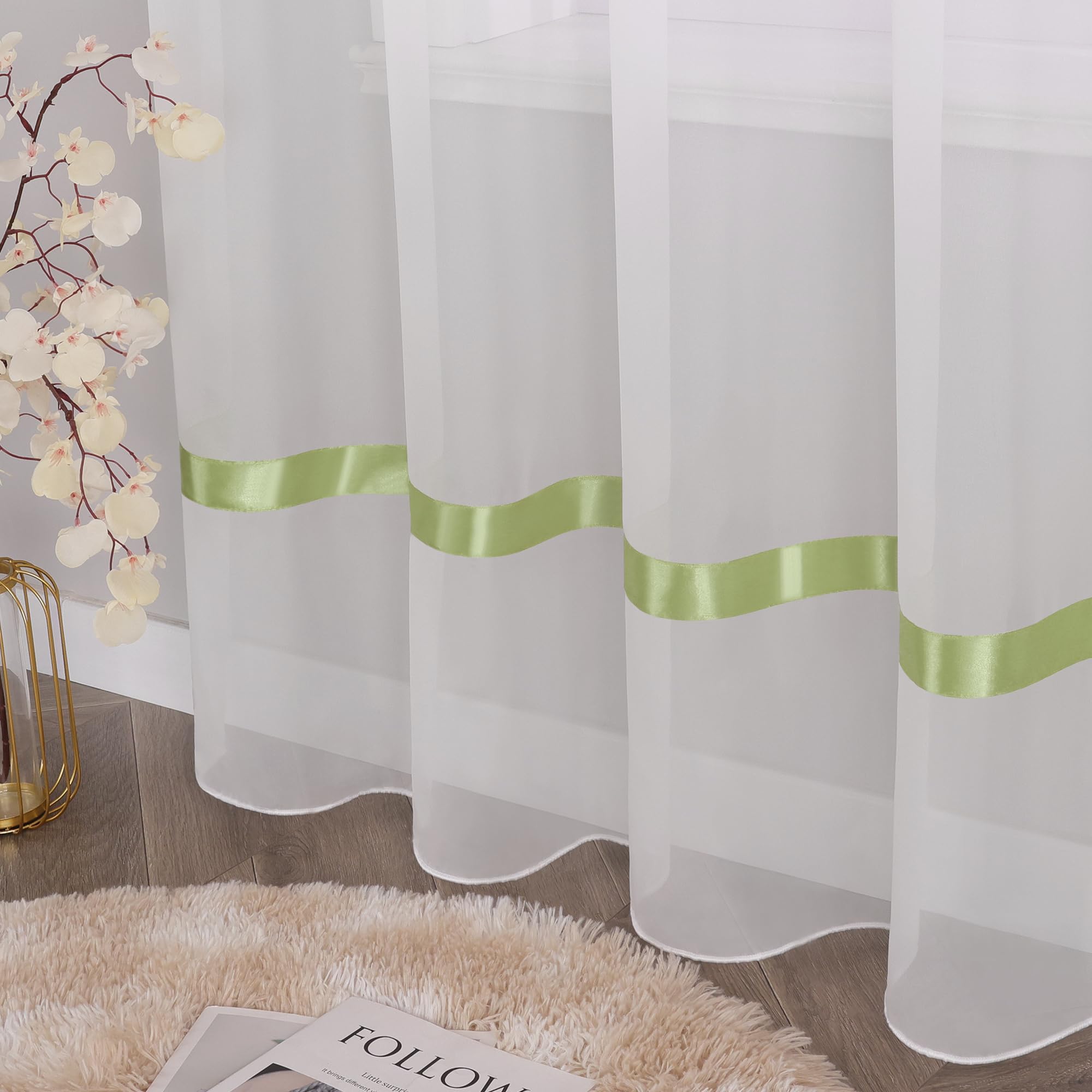 Uni Gardine mit Ösen Transparente Vorhang Weiß Stores Voile Gardine Schal Fensterschal Wohnzimmer Dekoschal mit Satinband 1 Stück BxH 450x170cm Grün