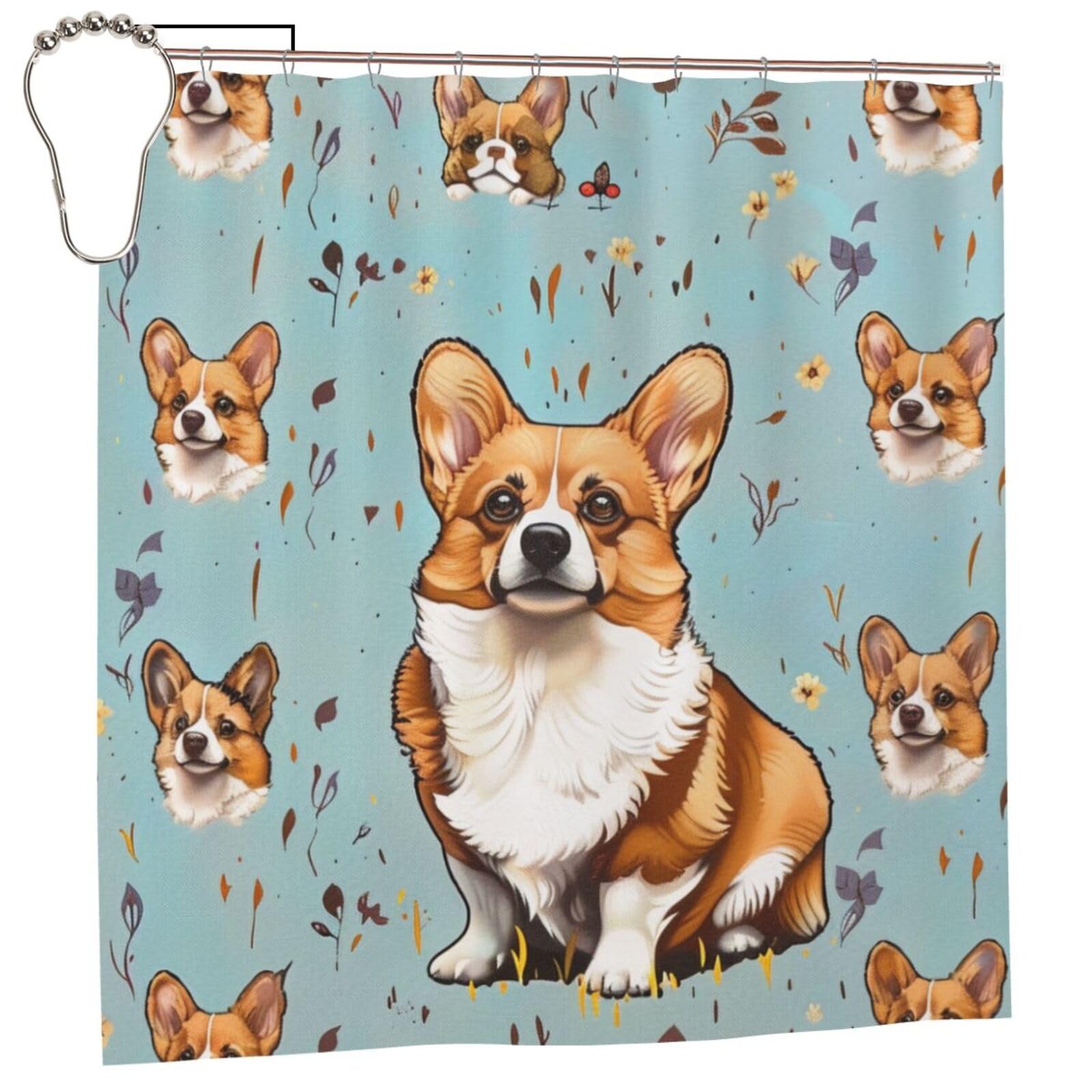 BWWHCCTI Corgi Printed Shower Curtain With 12 Iron Hooks Opaque Quick Drying Waterproof Shower Curtains Sets For Bathroom 183x183 CM