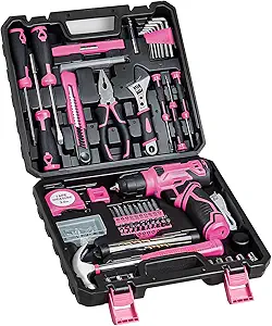 Tool Set - Tool Kit with 8V Cordless Drill, 132 Piece Tool Box with Drill, Home Tool Kits for Women & Men, Hand Drill Set Perfect for Homeowner, Diyer, Handyman - Pink