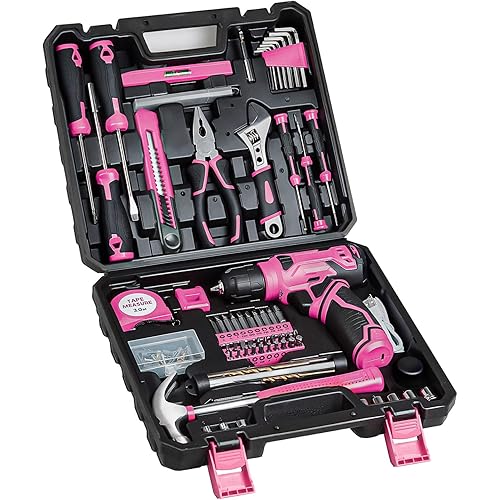 Tool Set - Tool Kit with 8V Cordless Drill, 132 Piece Tool Box with Drill, Home Tool Kits for Women & Men, Hand Drill Set Perfect for Homeowner, Diyer, Handyman - Pink