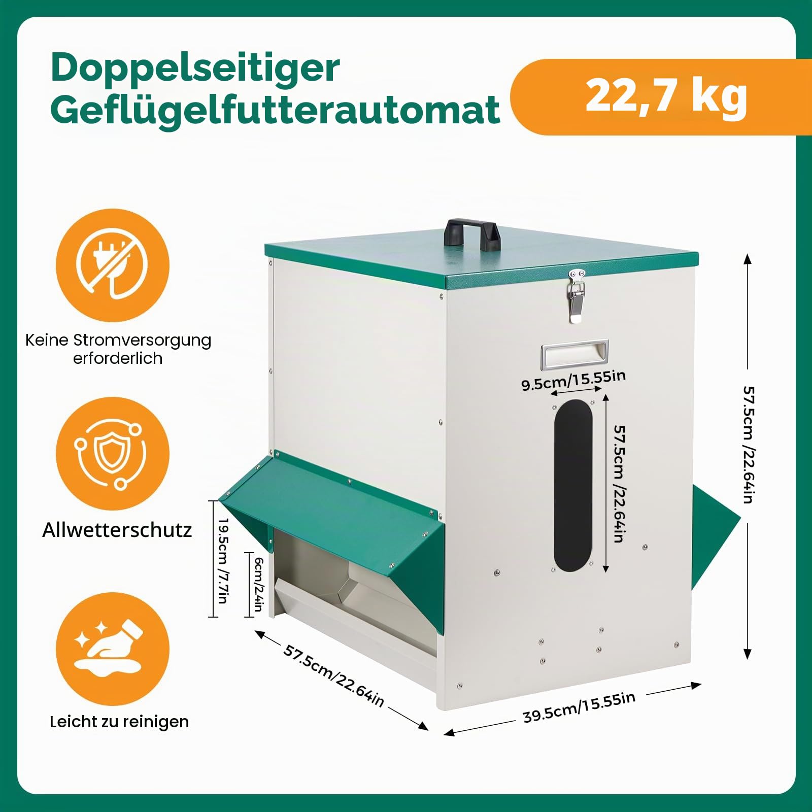 22kg Automatischer Futterautomat HüHner Futtertrog, HüHnerfutter Automat Metall GeflüGelfüTterer, Futterspender mit Deckel SchwerkraftfüTterer füR HüHner Enten GeflüGel GäNse(DunkelgrüN)