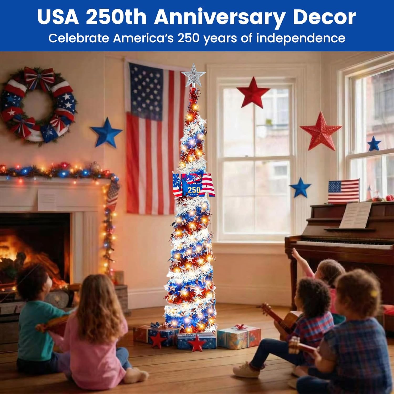4th of July Decorations Pop Up Tinsel Tree 5FT, Patriotic Pencil Tree with 50 LED Battery Operated Lights & Timer, Collapsible Independence Day Tree with Star Topper & USA 250th Anniversary Sign, Red