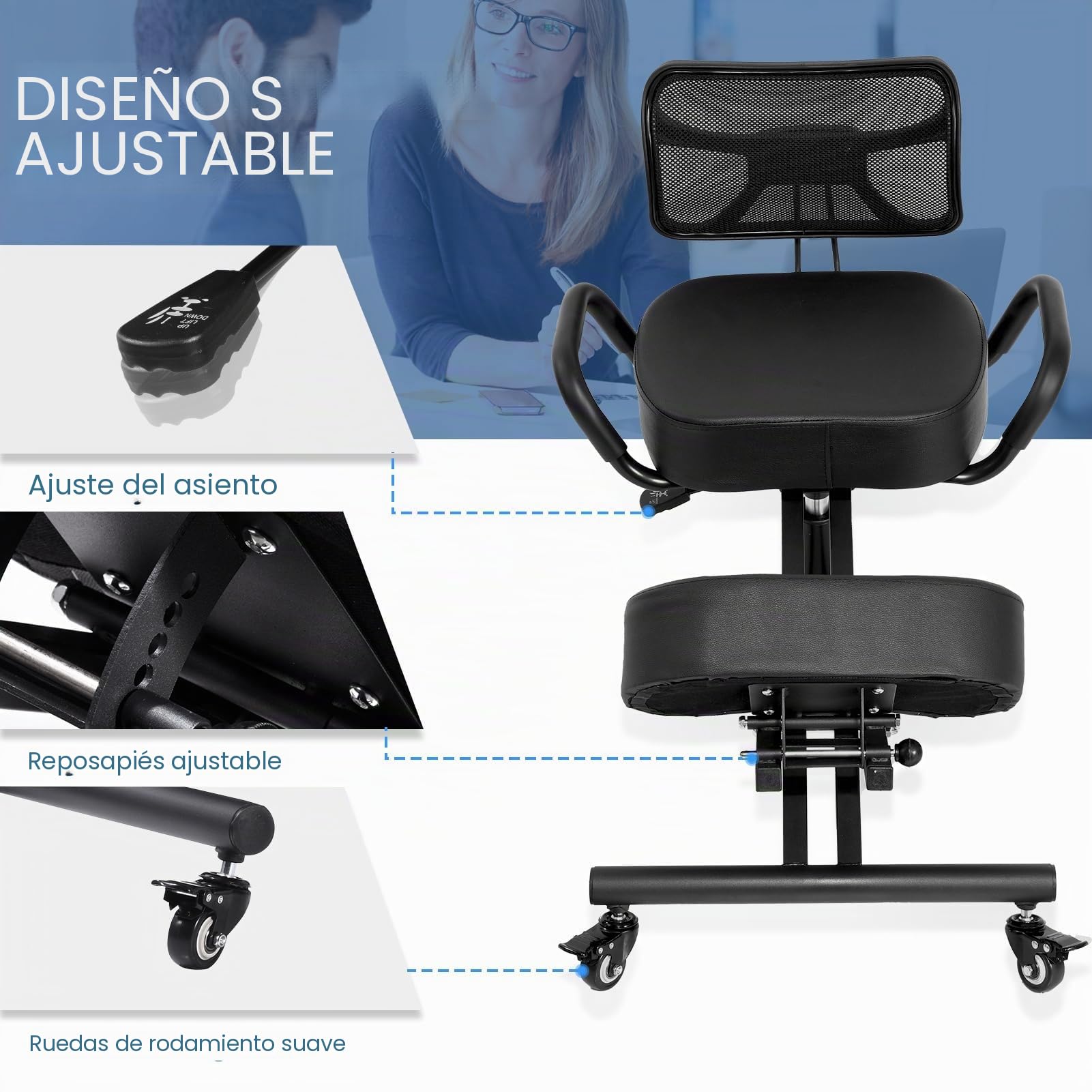 Silla de rodilla ajustable con respaldo y cojín de malla – Taburete para rodillas de 4 niveles y marco estable 100 kg – Silla ergonómica para estudio, escuela y área de belleza