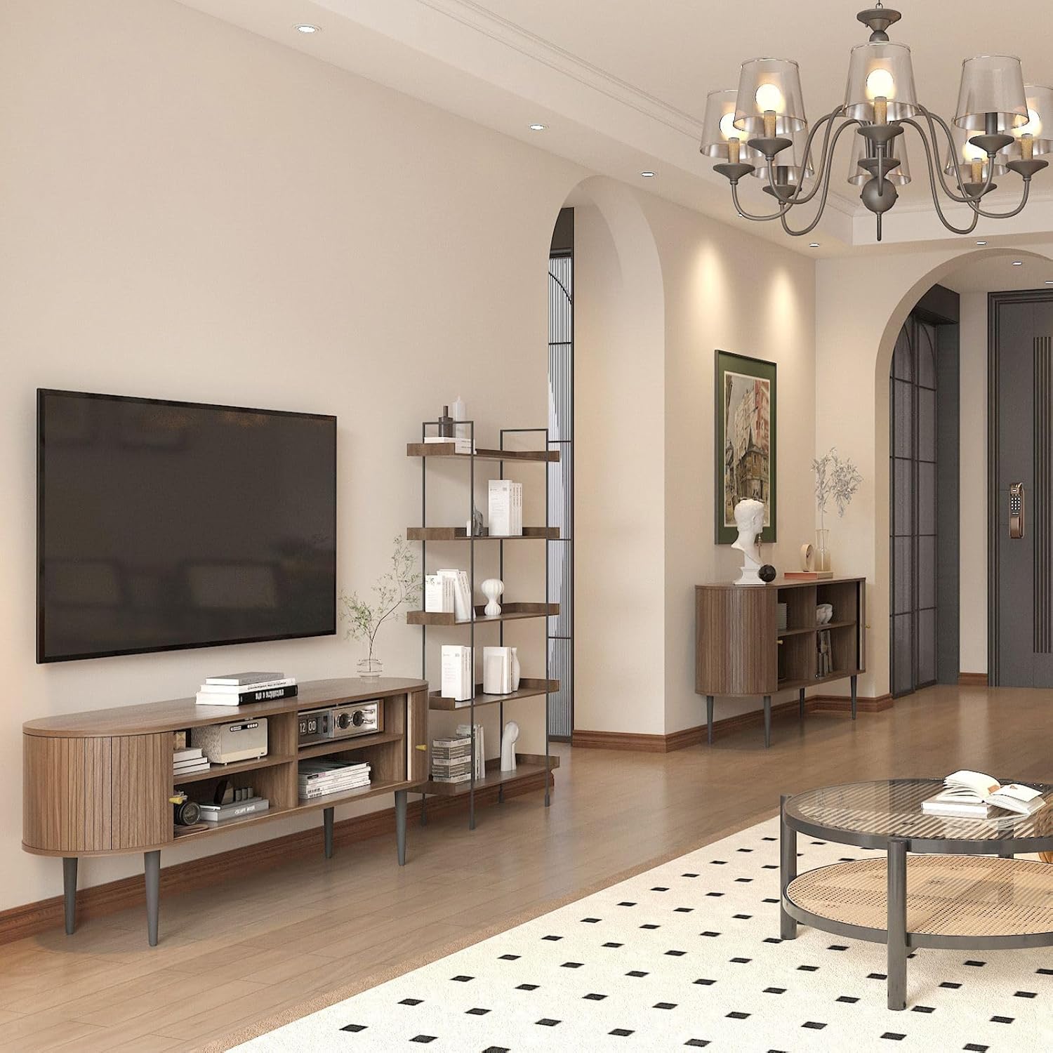 HomeLava TV Stand, Mid Century Modern Media TV Console with Storage Shelve & Sliding Door, Luxury Fluted TV Stand Wood Entertainment Center with Cabiner for Living Room Bedroom, Walnut (55'')