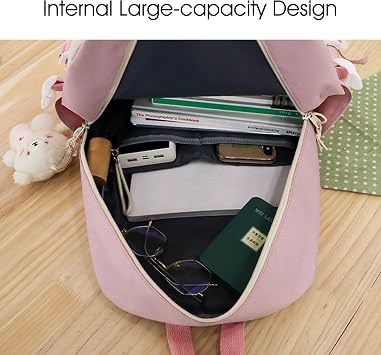 Girls Backpack Kawaii Backpack 5PCS/Set Large Capacity Aesthetic with Kawaii Pendants, Crossbody Bag, Pencil Case, Handbag, Drawstring Bag and Badge for Teen