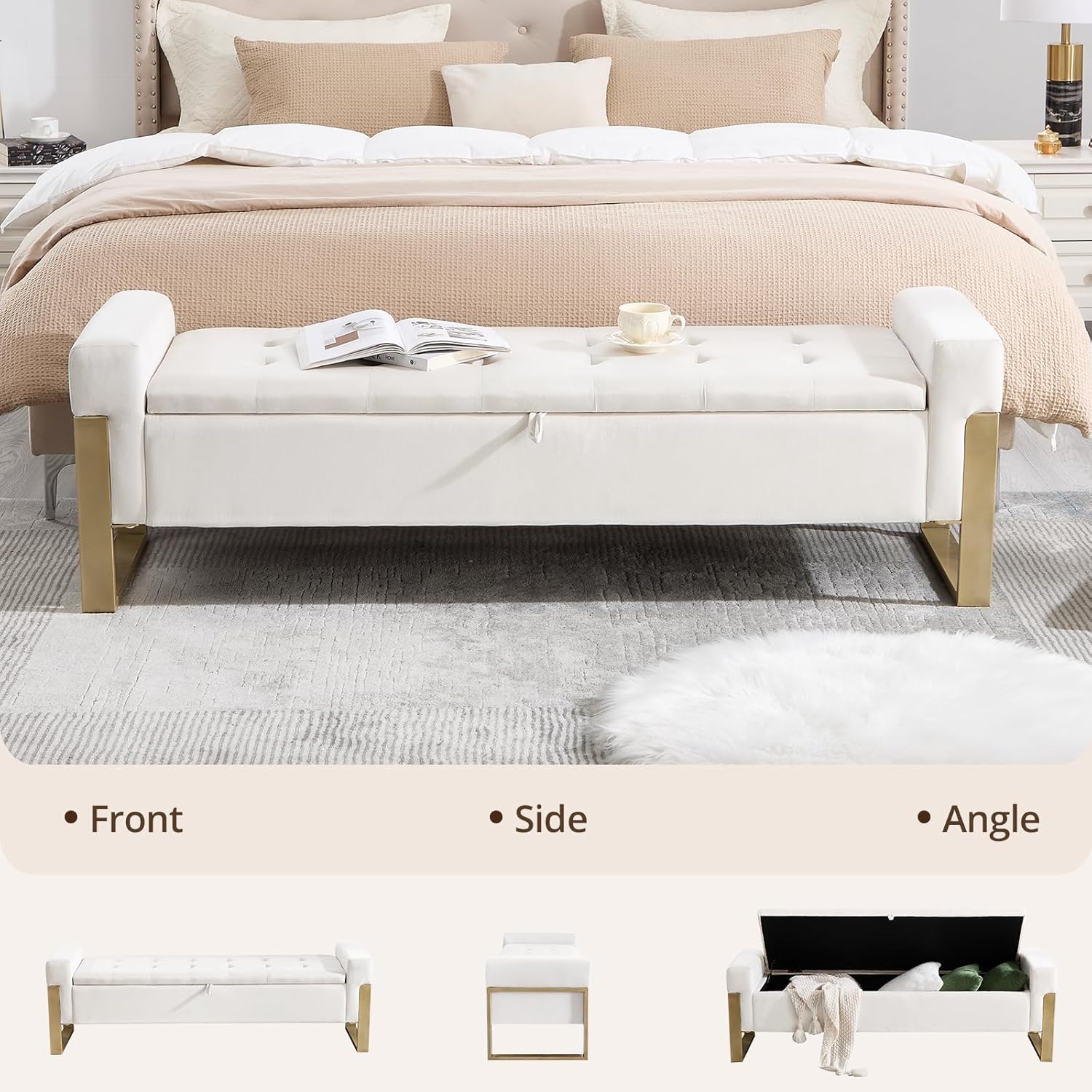End of Bed Storage Bench, 67'' Benches for Bedroom Foot of Bed King Size, Morden Velvet Storage Ottoman Bench with Gold Legs for Windows Living Room, Cream