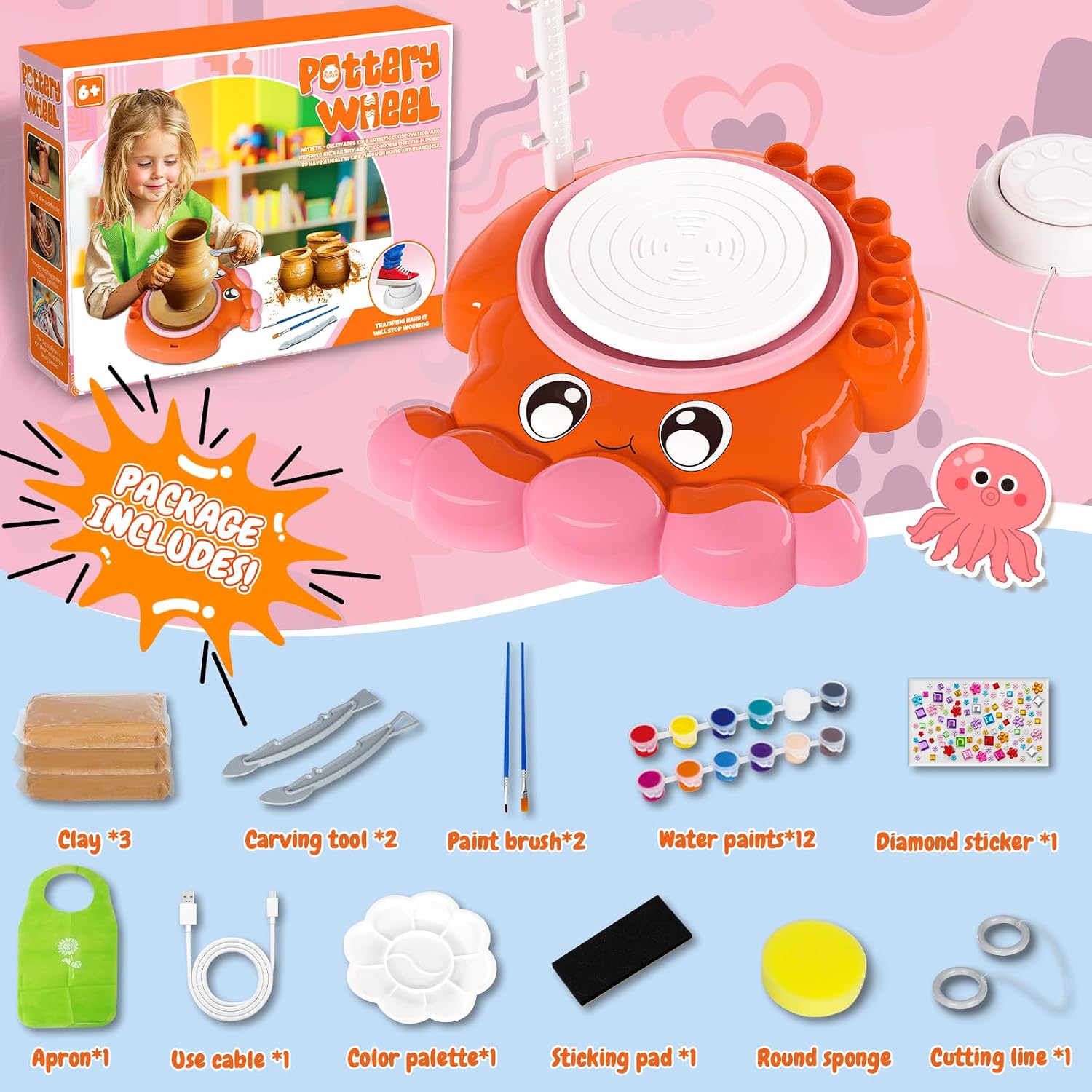 Innofans Pottery Wheel for Kids - Complete Pottery Tools Kit for Beginners, Arts and Crafts for Kids Ages 8-12 with 3 Pack Air Dry Clay, Mini Clay Making Pottery Wheel with Foot Pedal (Octopus)