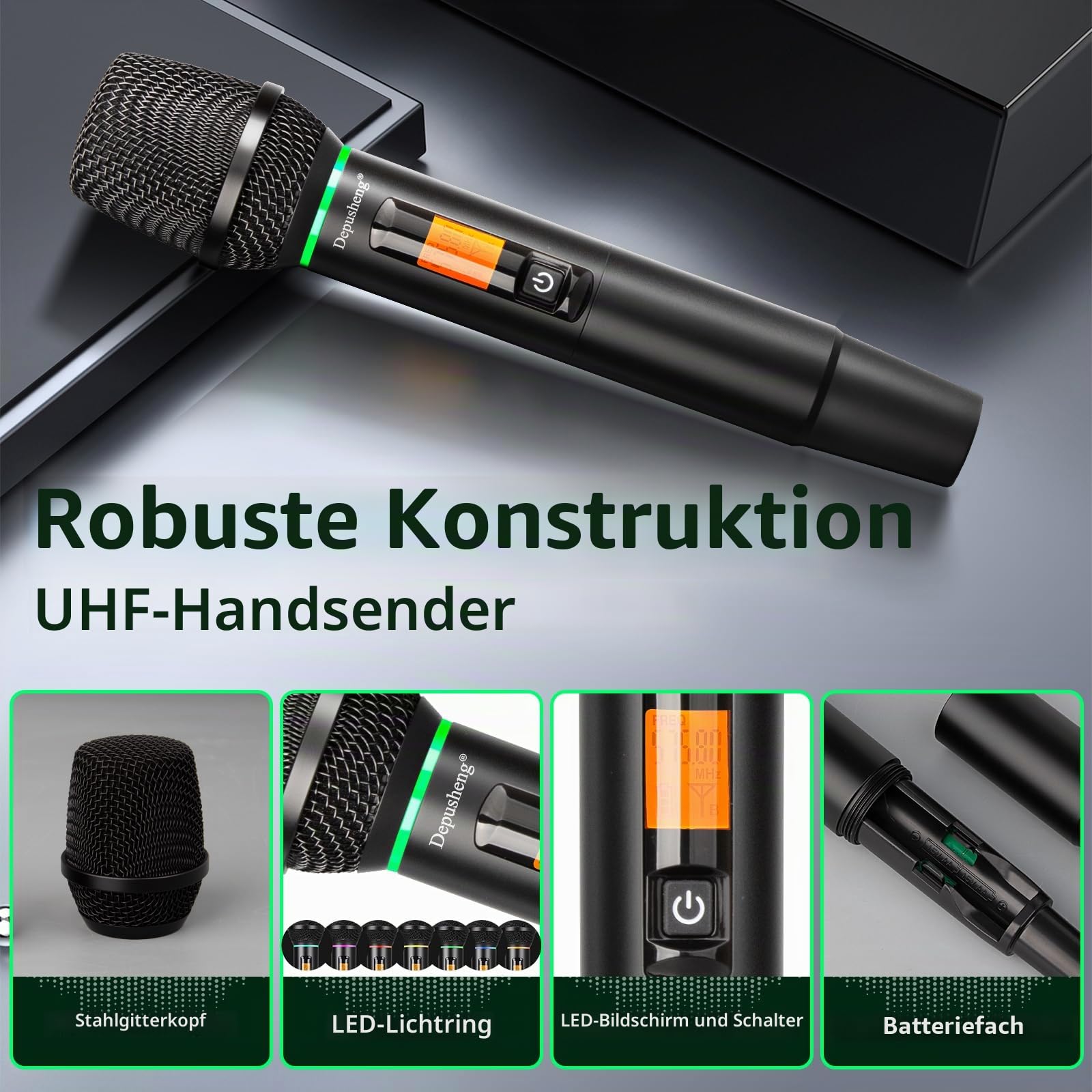 Depusheng R7 Mikrofon Kabellos Set Mit Zwei dynamischen Handmikrofonen und empfängern mit Einer Empfangsreichweite von 80 Metern geliefert, für Karaoke Gesang Party Bühne