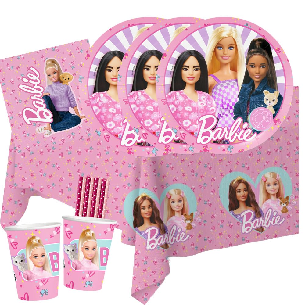 Set Festa Barbie 37 Pezzi Piatti di Carta, Bicchieri di Carta, Tovaglioli, Tovaglia + 8 Cannucce di Carta per Compleanno Bambini