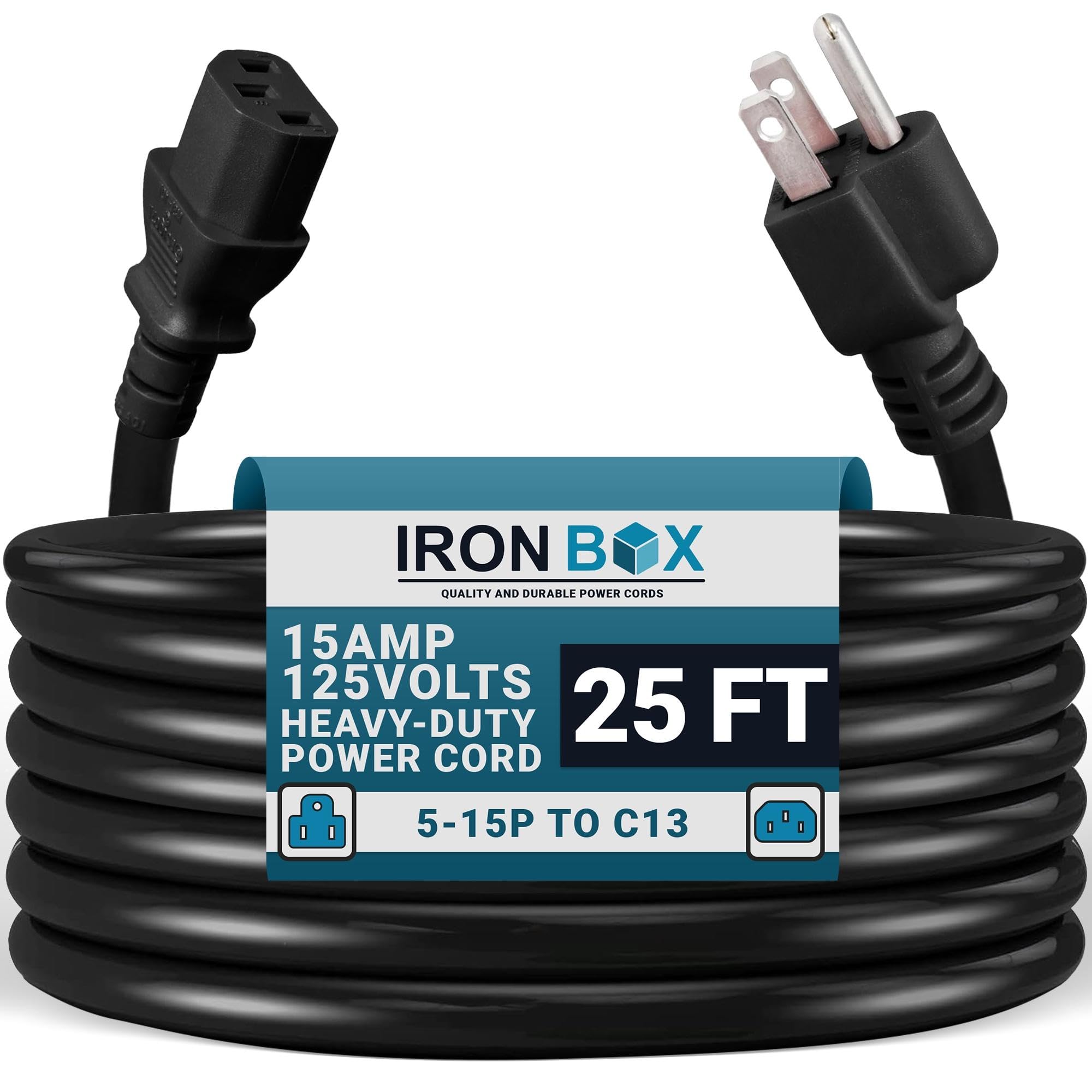 IronBox Electric 5-15P to C13 Power Cord - 15A, 125V, 14/3 SJT - Power Supply Extension Cable - Heavy Duty Plug &amp; Connector for Computer, Monitor, Subwoofer, Printer, Speaker &amp; More (Black, 25 Foot)