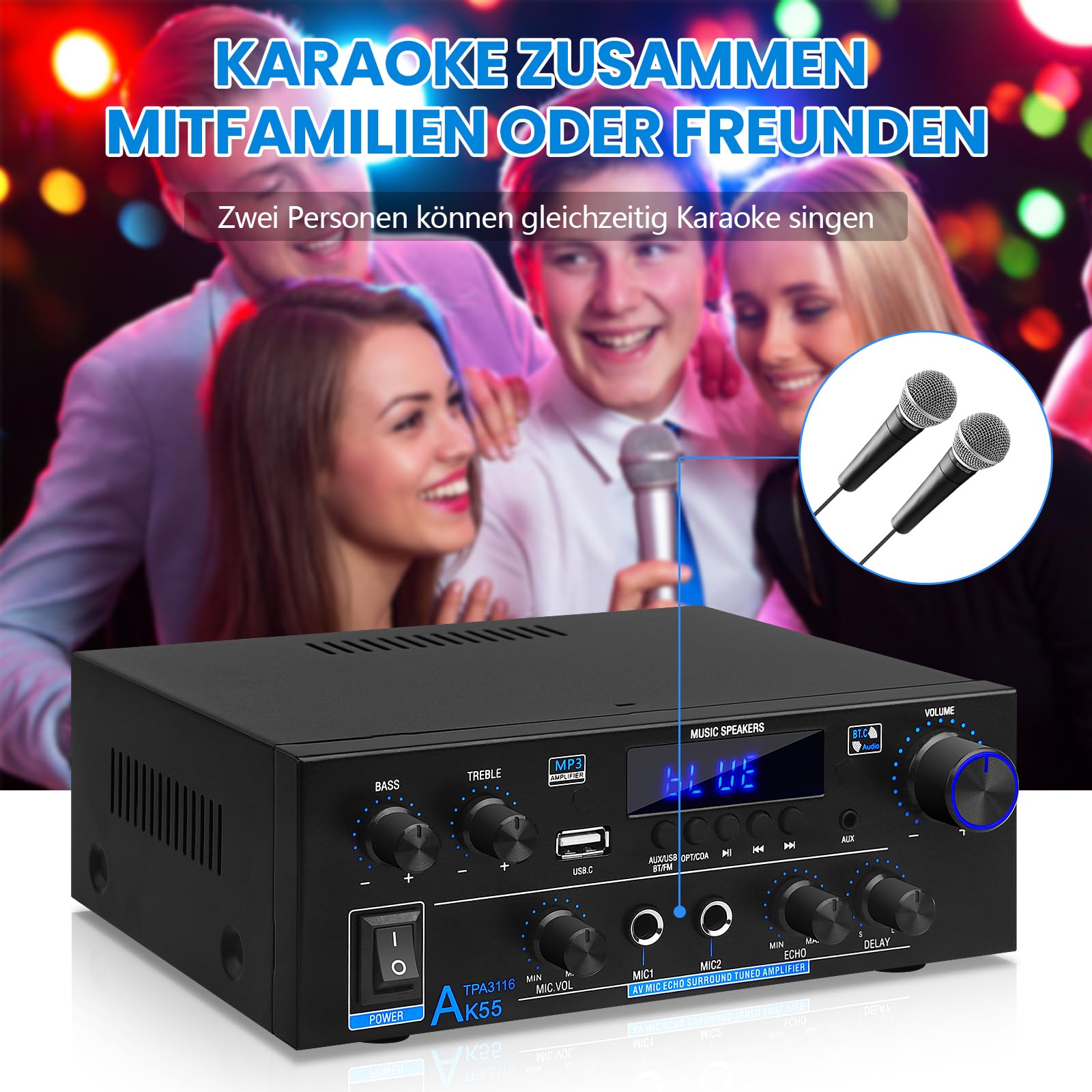 sikkeby Wzmacniacz HiFi AK55 Bluetooth stereo wzmacniacz audio, 2 kanały 70 WX2 maks. 600 W, wzmacniacz dźwięku 12 V/220 V, do domu lub samochodu, AK-55-DE