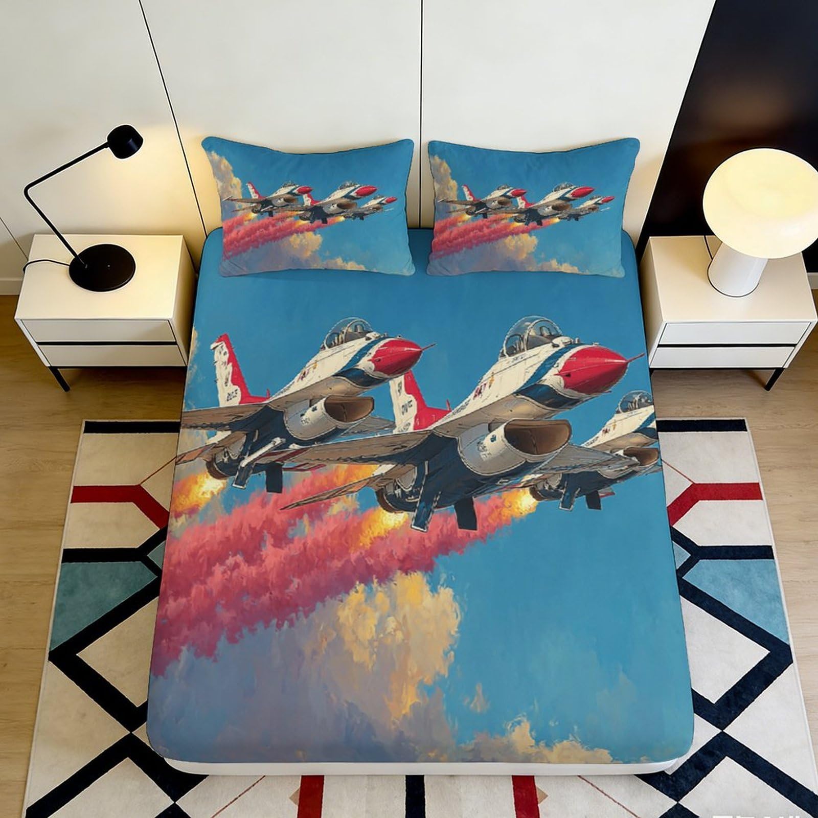 3D Printed Fighter Jet Fitted Sheet Microfiber Soft Blue Sky Aircraft Mattress Cover for Bedroom Dorm Decor 90x200x25cm