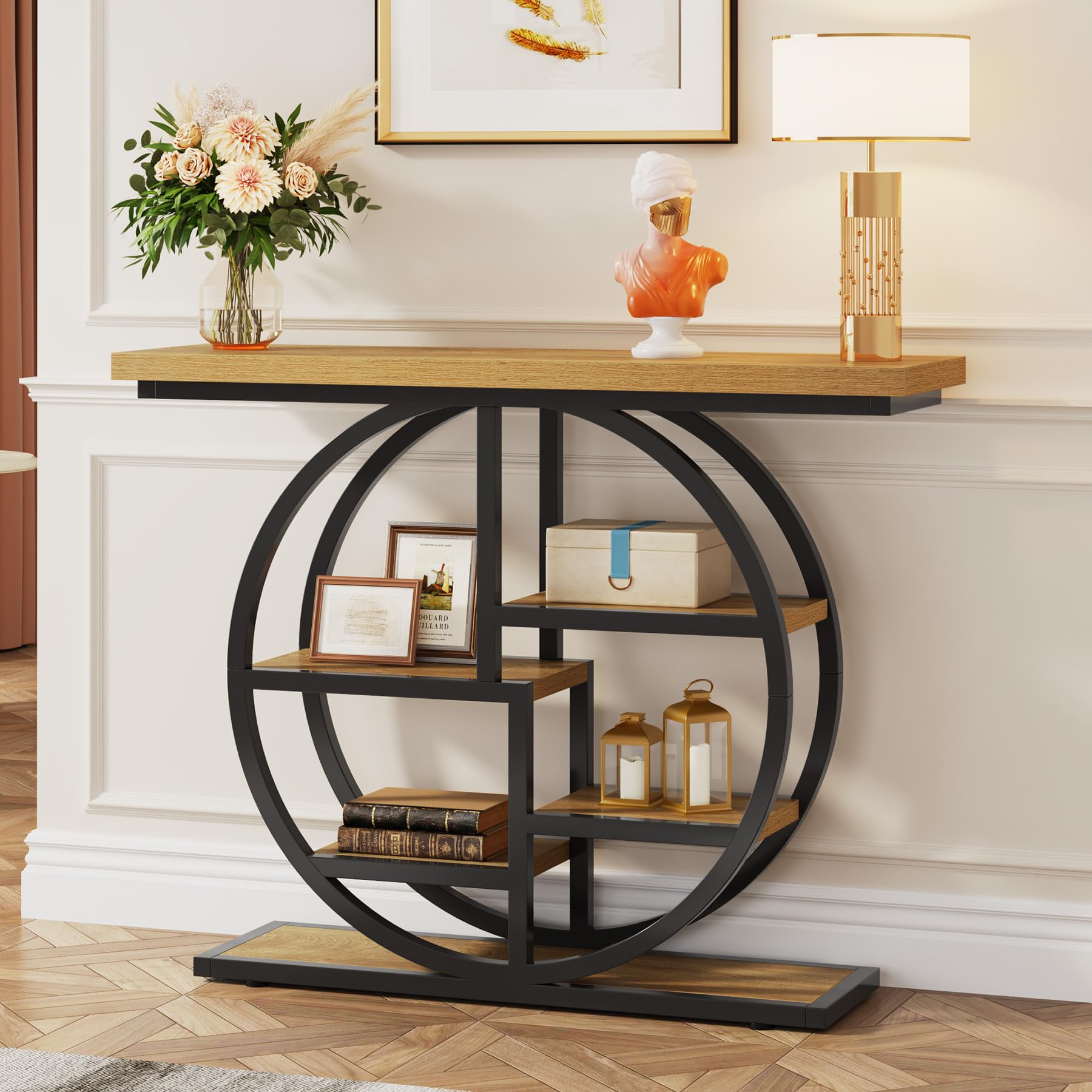 Tribesigns Console Table, 105 cm Industrial 6-Tier Sofa Table Entryway Table with Circle Base, Narrow Wood Accent Tables with Storage Shelves for Living Room, Hallway, Foyer, Light brown