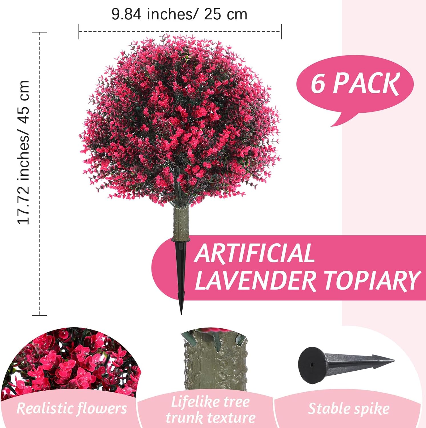 yunlly 6 pcs 18 inch artificial boxwood ball topiary tree fake outdoor plants bush, uv resistance faux shrub with spike realistic greenery potted for indoor garden yard porch patio decor (rose red) rose red 6
