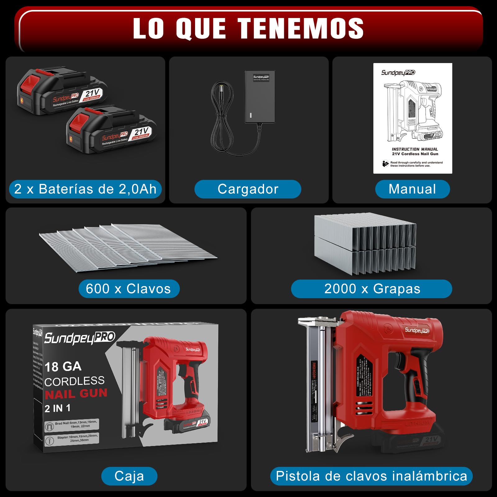 Clavadora a Batería 21V - 2 en 1 Clavadora Electrica de Clavos con 2 x 2.0Ah Baterías, 180 Clavos/min, Grapadora Electrica con 600 Clavos 18GA y 2.000 Clavos U para Tapicería y Carpintería