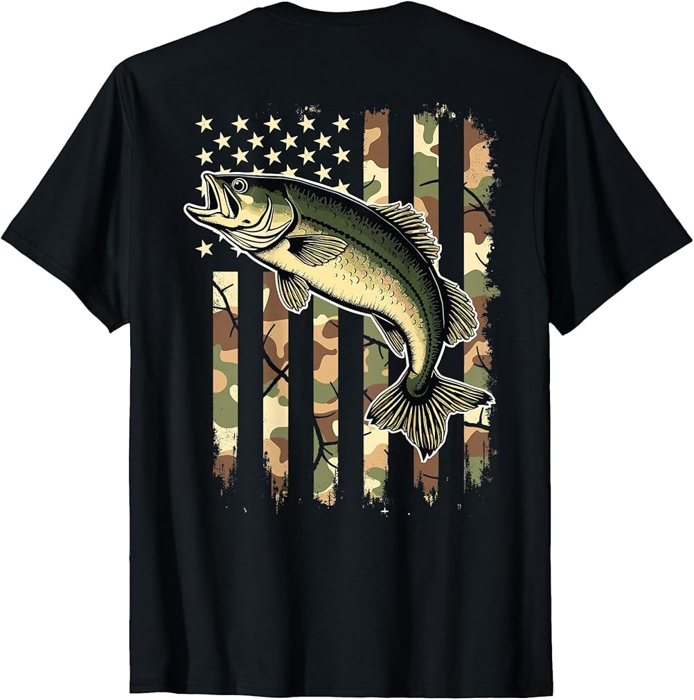 Fishing (on Back) Camouflage USA American Flag Fisherman T-Shirt