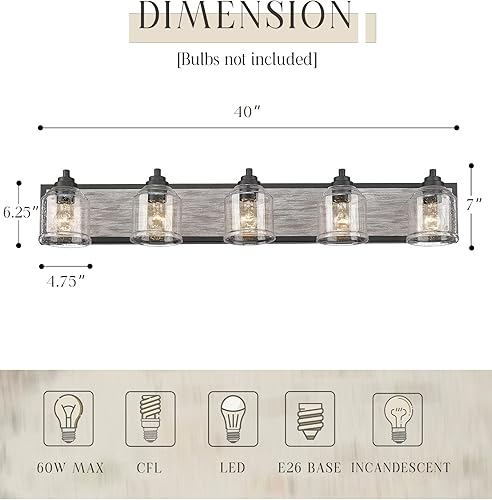 Miniatura 2 de YKLITG BD005-5-BK - Lámpara de tocador de baño de madera oscura de 5 luces con pantallas de vidrio sembrado, accesorios de iluminación sobre espejo,