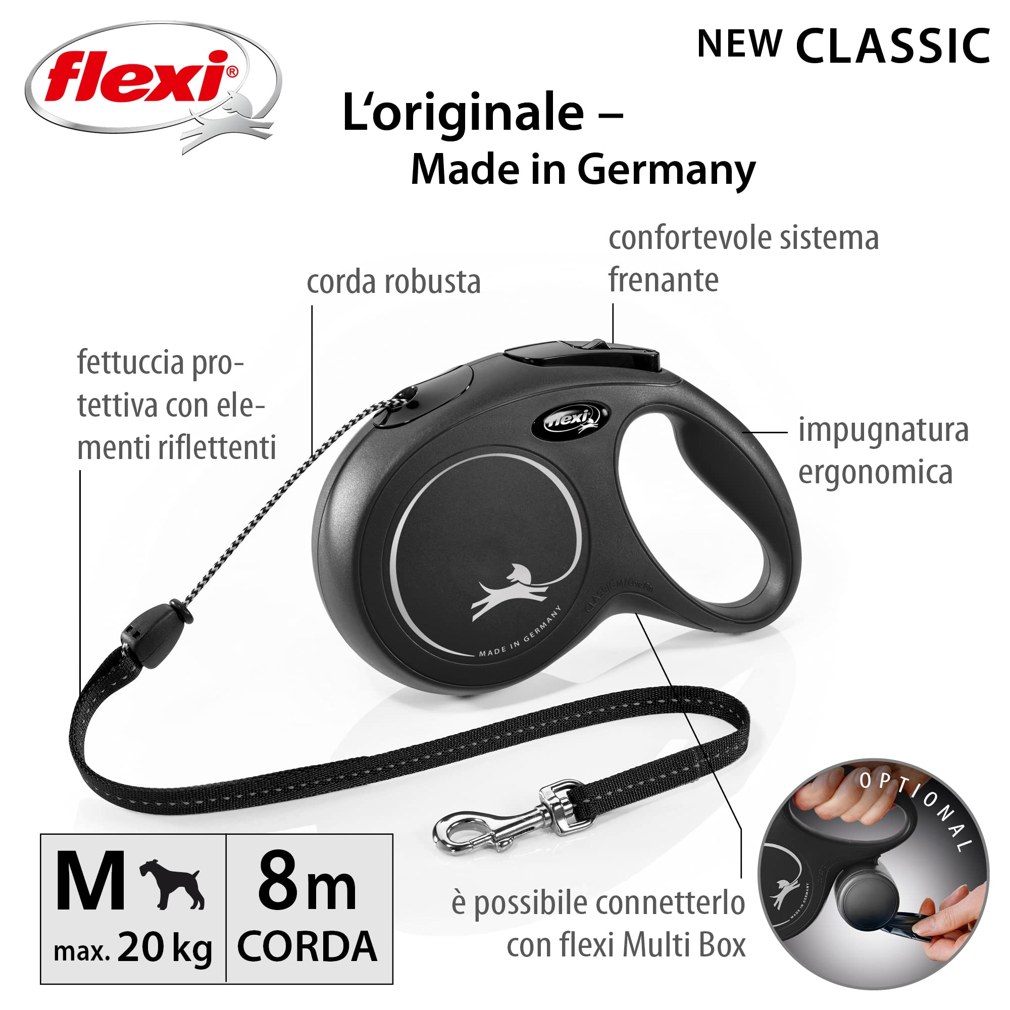 Croci Flexi New Classic Cord, Guinzaglio per cani allungabile, taglia M fino a 20 kg, lunghezza 8 Metri, colore Nero