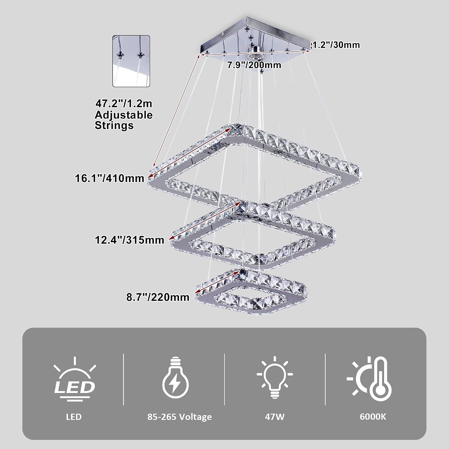 Modern Crystal Chandelier, 3 Square Ring LED Pendant Light, Warm White 3500K K9 Crystal Hanging Ceiling Light, Adjustable Pendant Lamp for Dining Room Bedroom Living Room