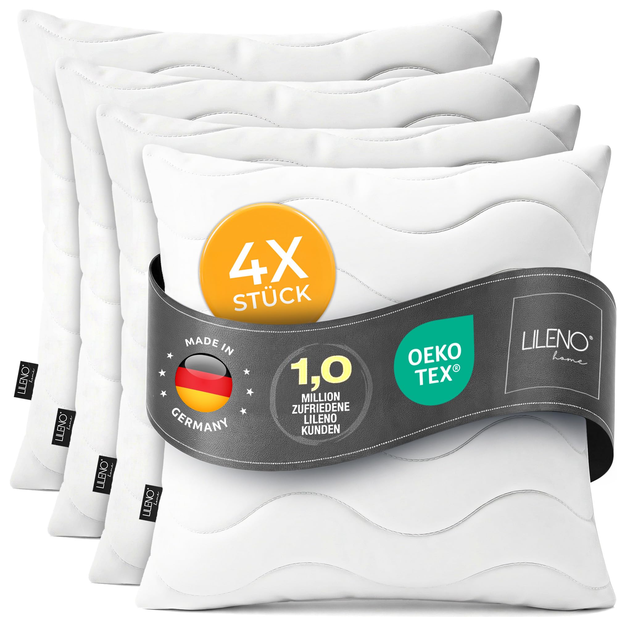 LILENO HOME Kissen 50x50 (4er Set) – 95 °C waschbar, Oeko-Tex & Made in DE – Allergiker Kopfkissen 50x50 für himmlischen Schlaf – Haut schmeichelndes & geruchsfreies Pillow