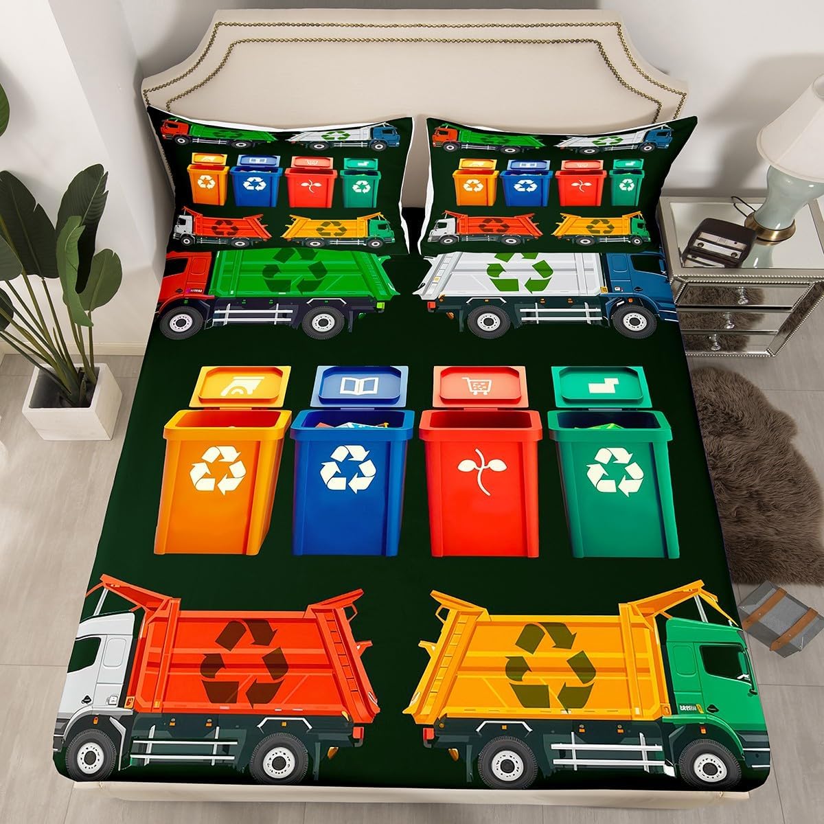 Erosebridal Garbage Truck Full Bed Sheets Set for Boys Girls Kids Toddler,Recycling and Garbage Truck Bedding Set for Boys Room Decor,Trash Can Sheets Cartoon Vehicle Car Fitted Sheet Set 4Pcs