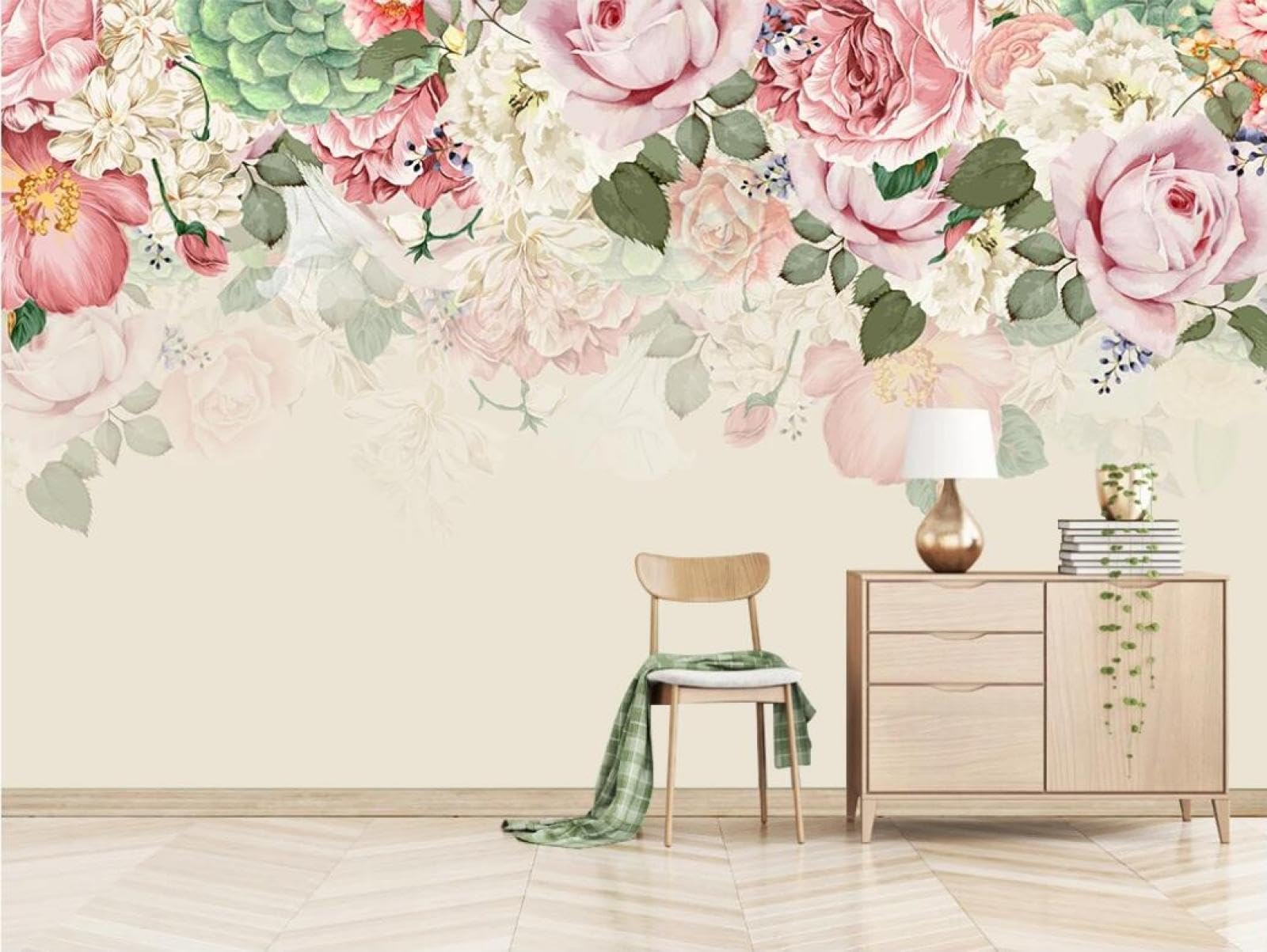 Carta Da Parati 3D Fiori Rosa Foglie Dipinti A Mano Rustico Carta Da Parati Camera Letto Moderna Fotomurali 3D Gigante Murale Decorazione