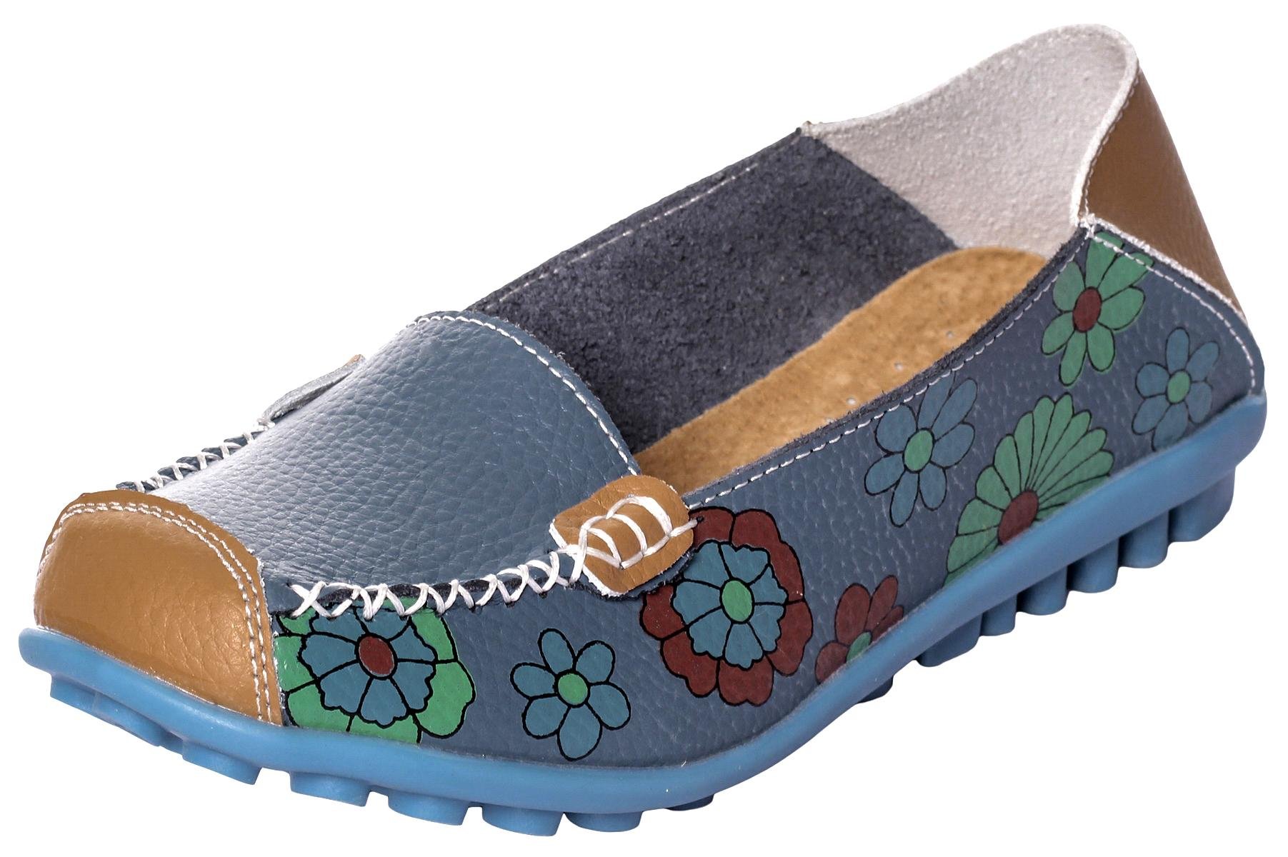UJoowalk Womens Comfortable Casual Flexible Cowhide Leather Floral Print Walking Driving Shoes Slip on Loafers
